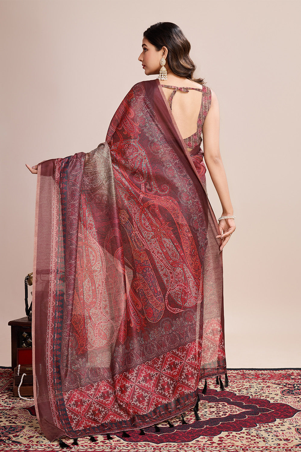 Red Printed Saree With Zari Border