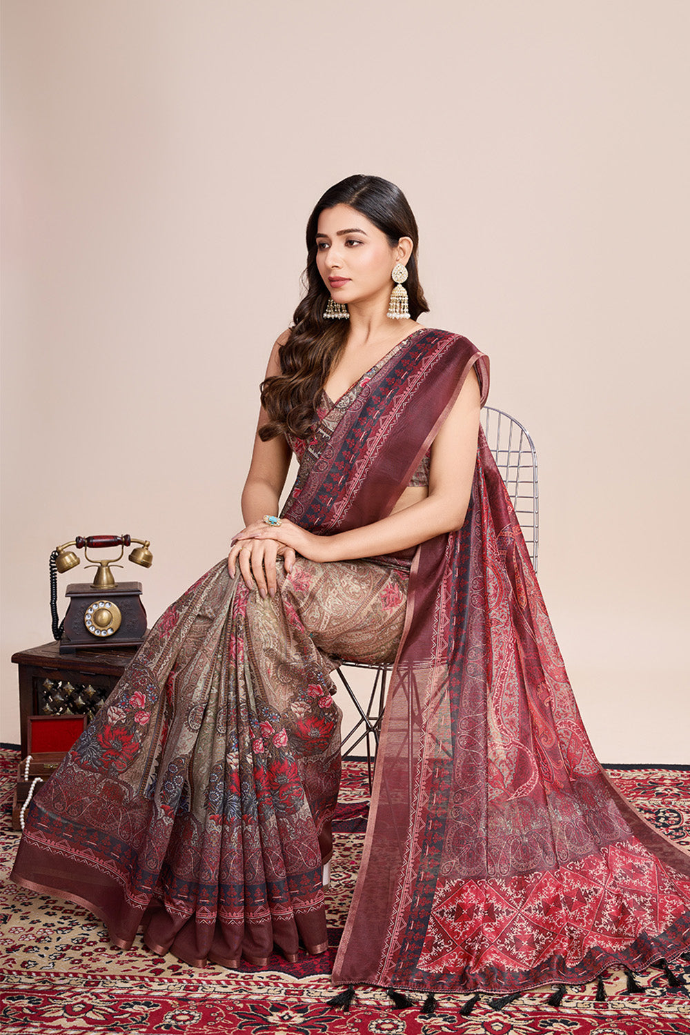 Red Printed Saree With Zari Border