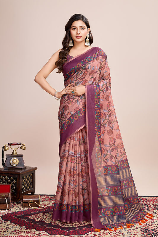 Off Orange Printed Saree With Zari Border
