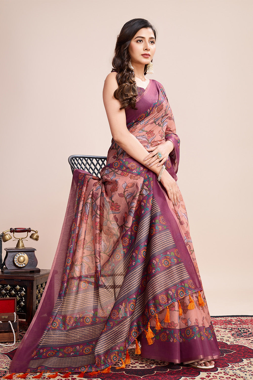 Off Orange Printed Saree With Zari Border