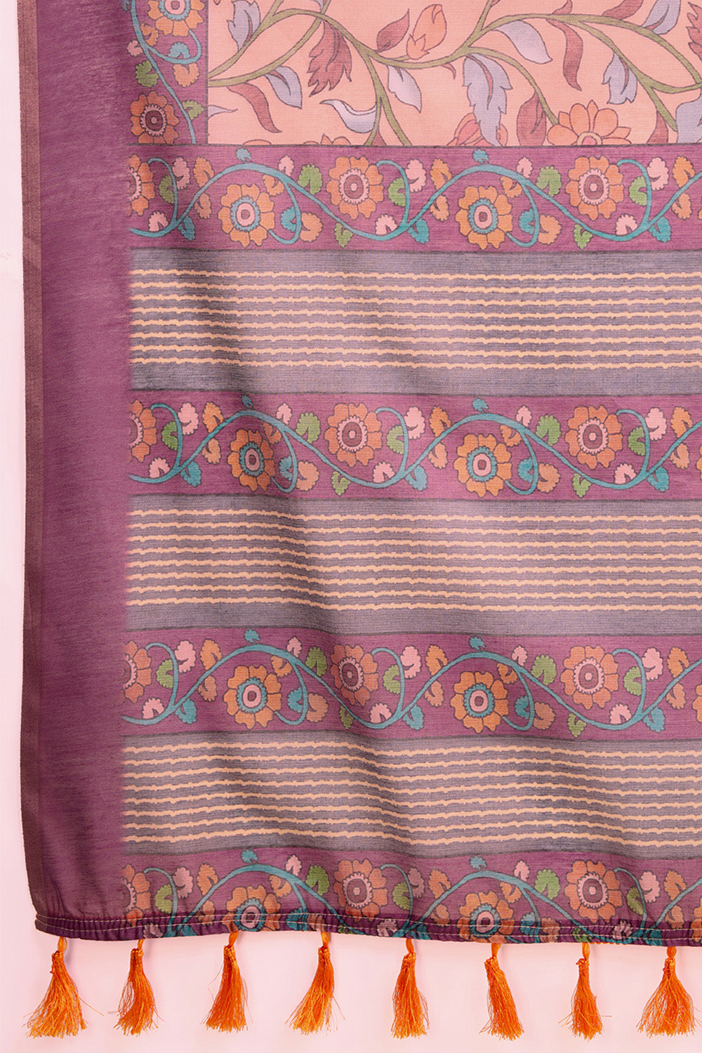 Off Orange Printed Saree With Zari Border