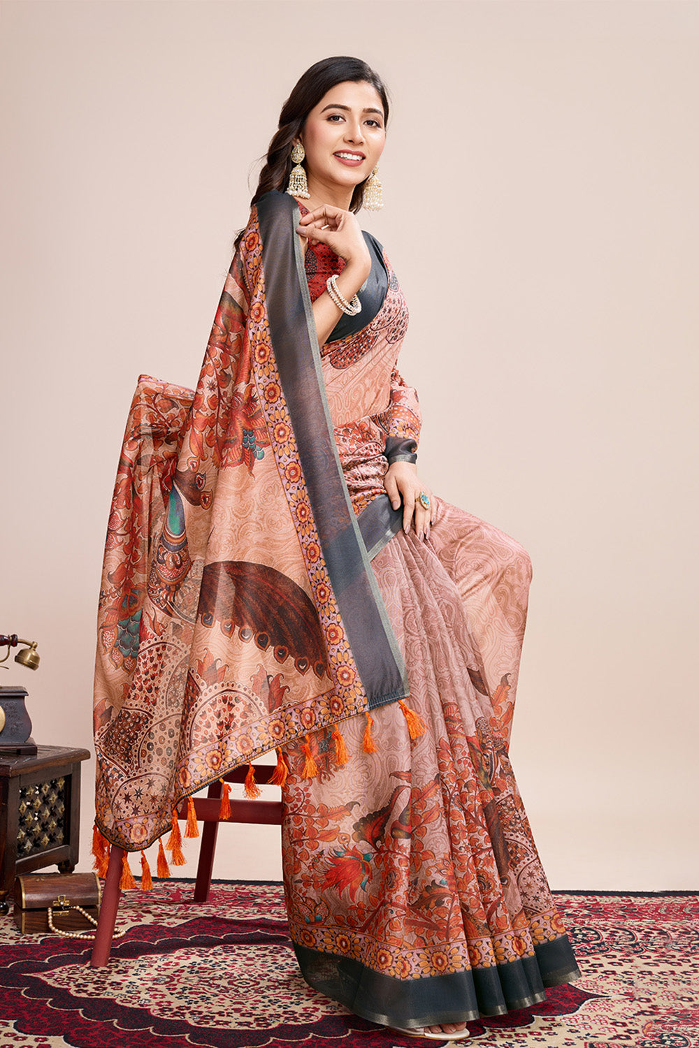 Orange Printed Saree With Zari Border