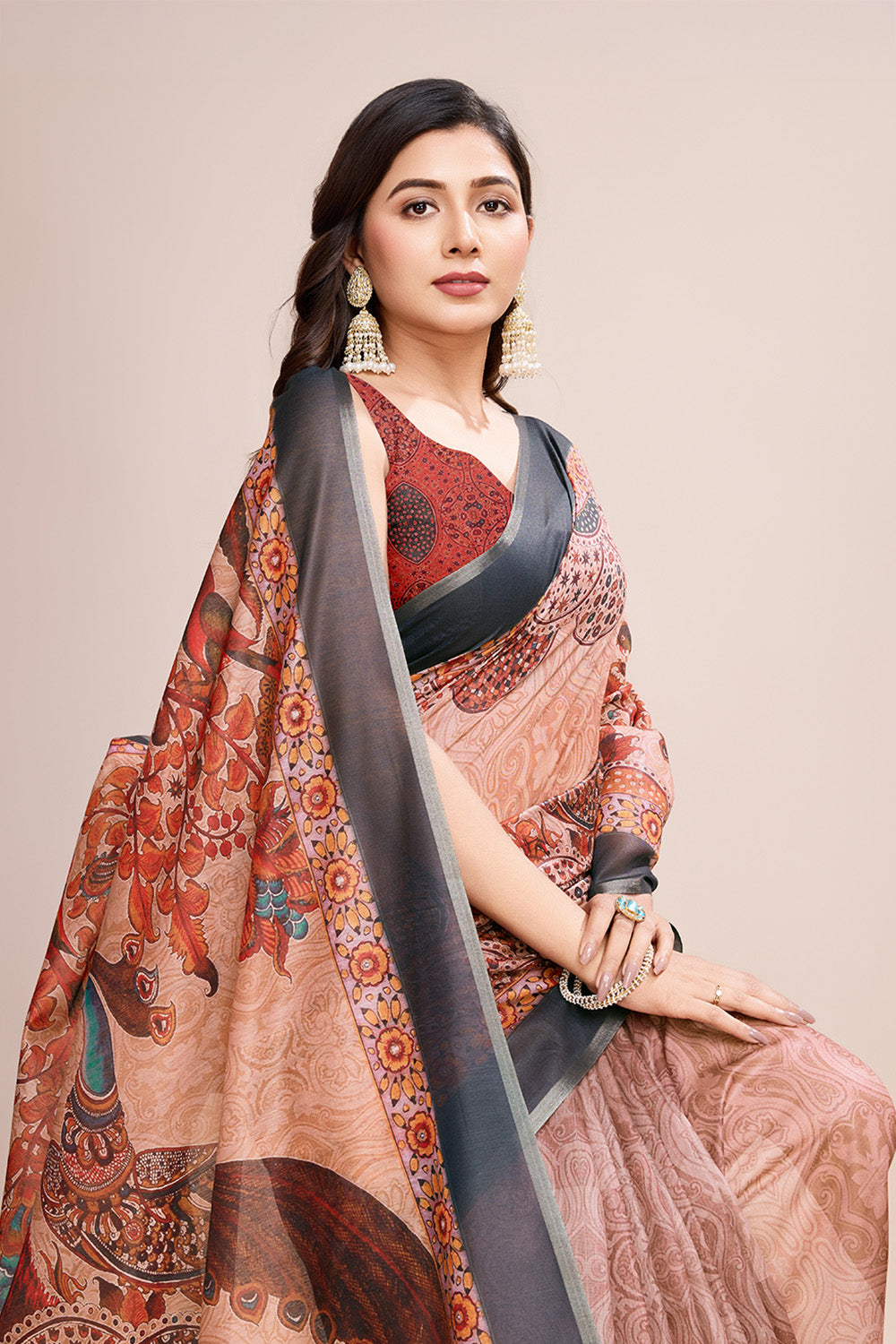 Orange Printed Saree With Zari Border