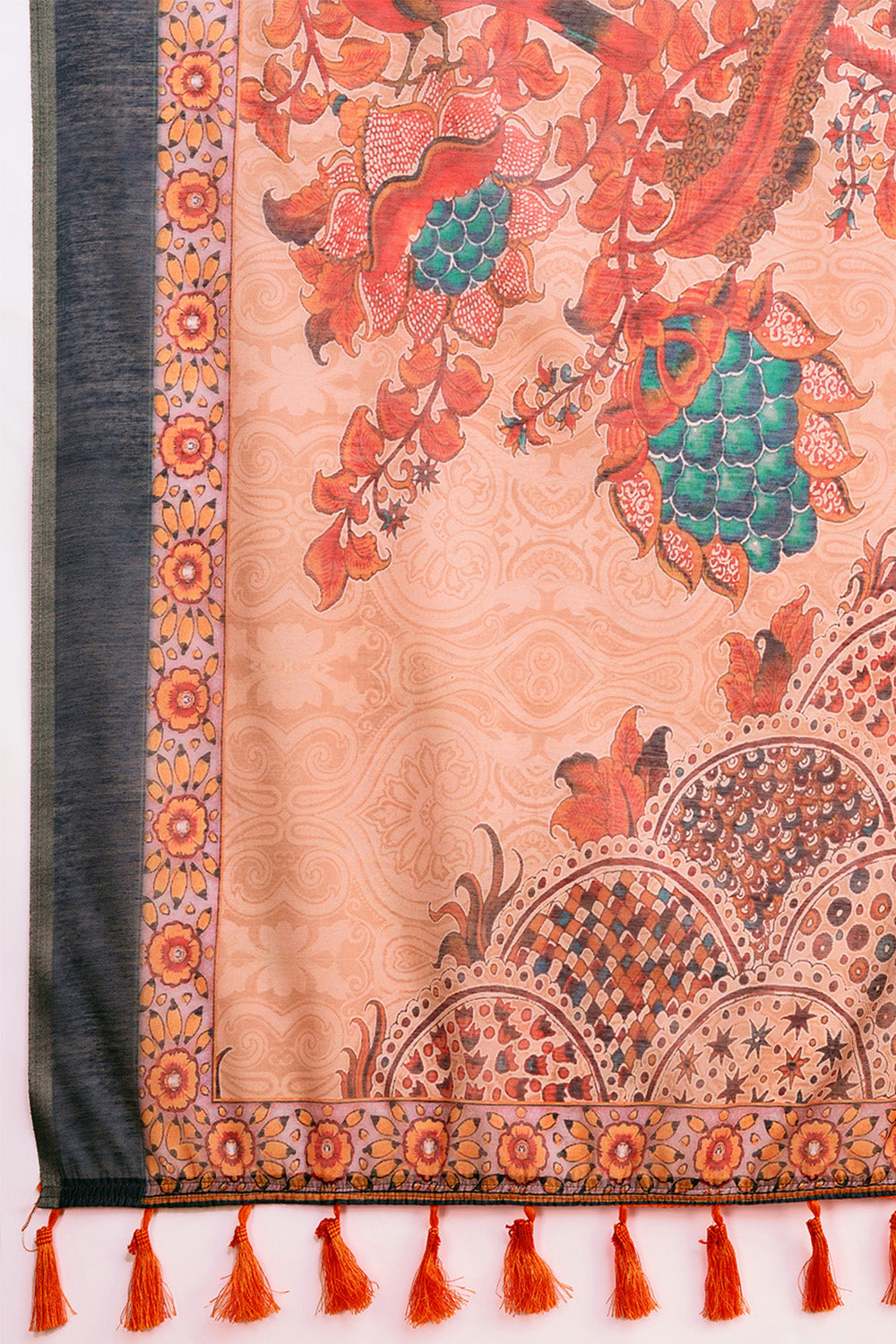 Orange Printed Saree With Zari Border