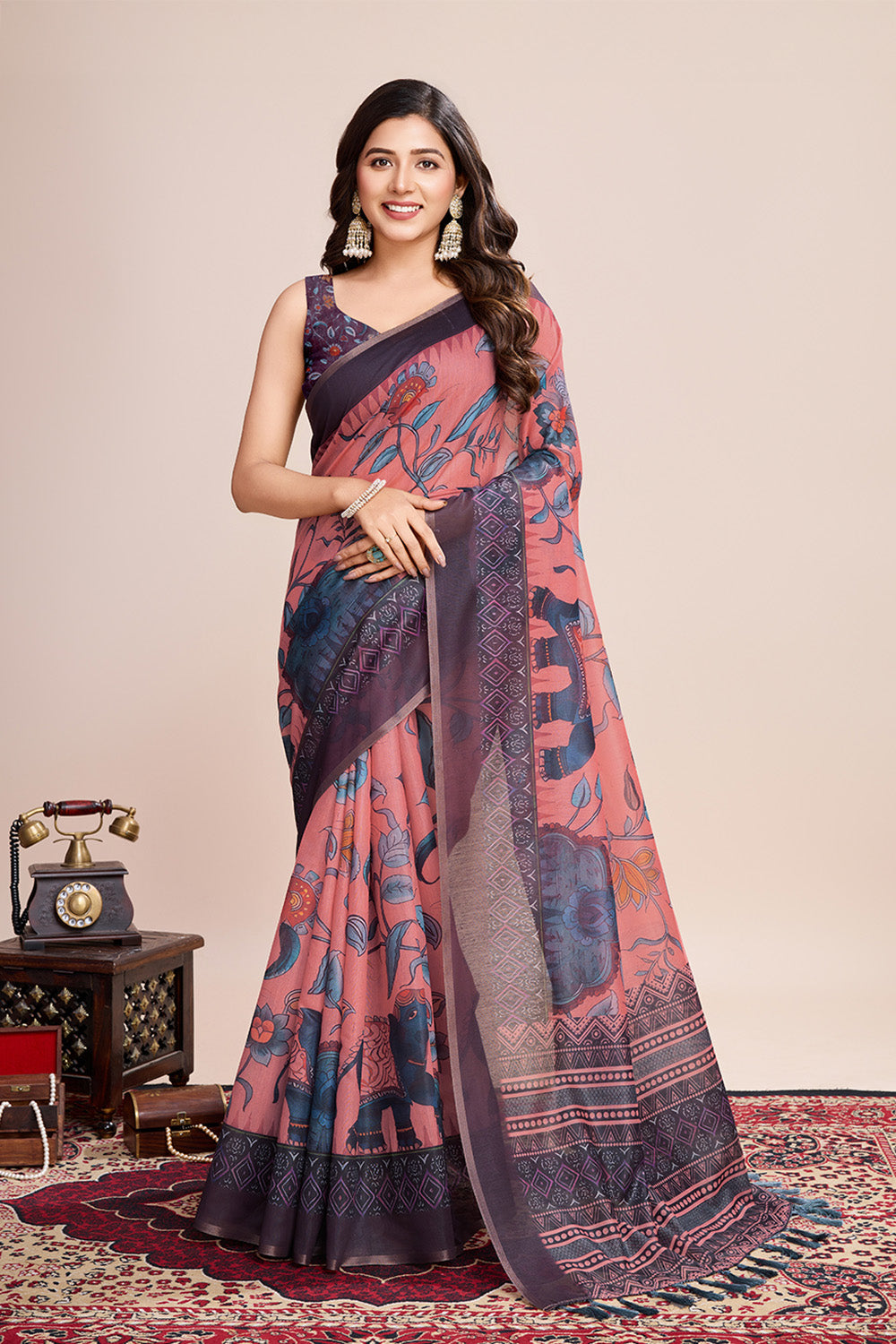 Light Pink Printed Saree With Zari Border