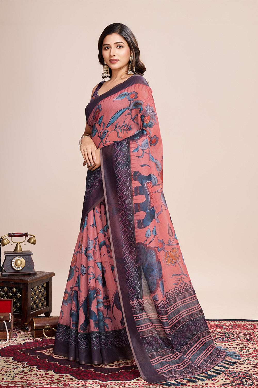 Light Pink Printed Saree With Zari Border