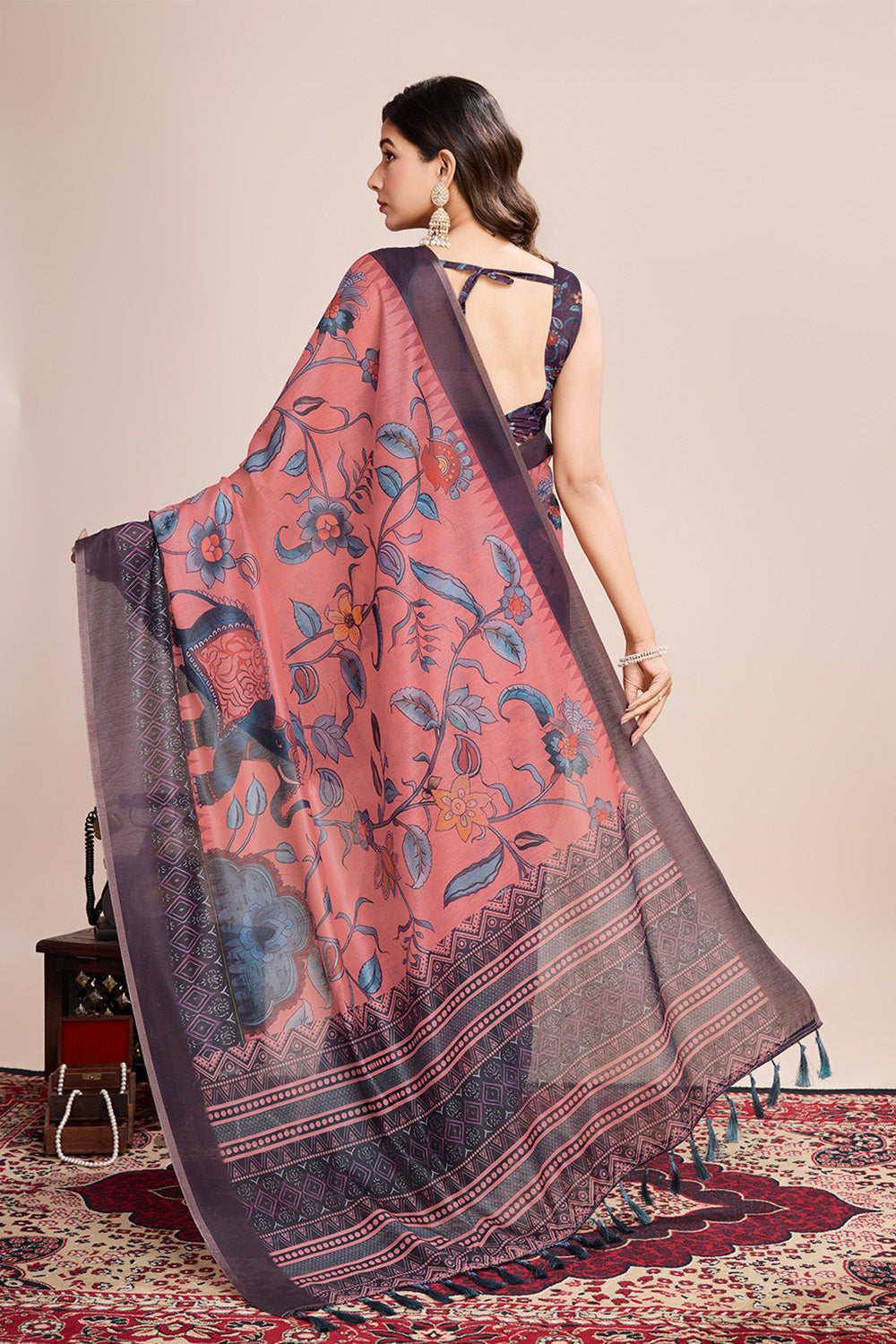 Light Pink Printed Saree With Zari Border