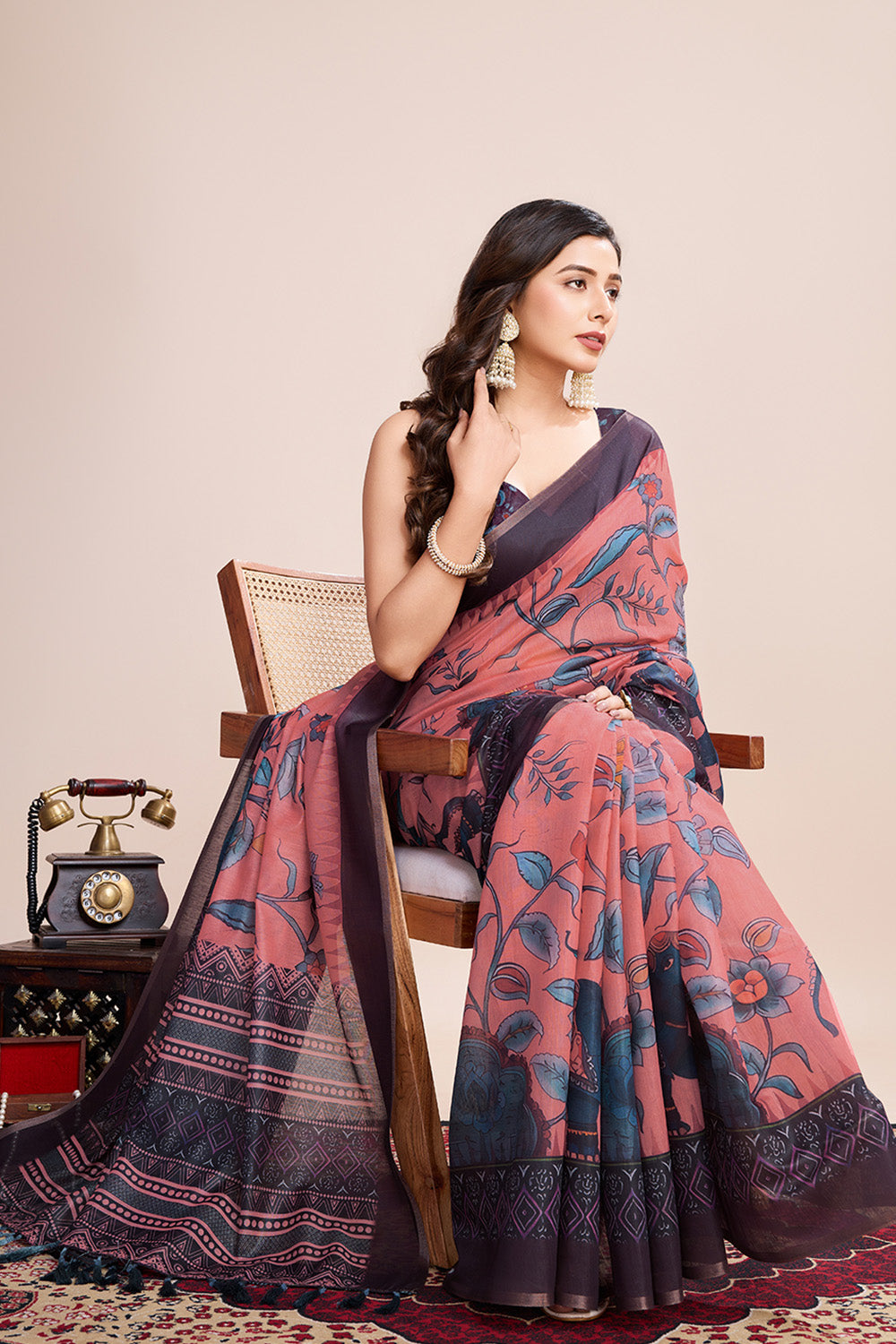 Light Pink Printed Saree With Zari Border