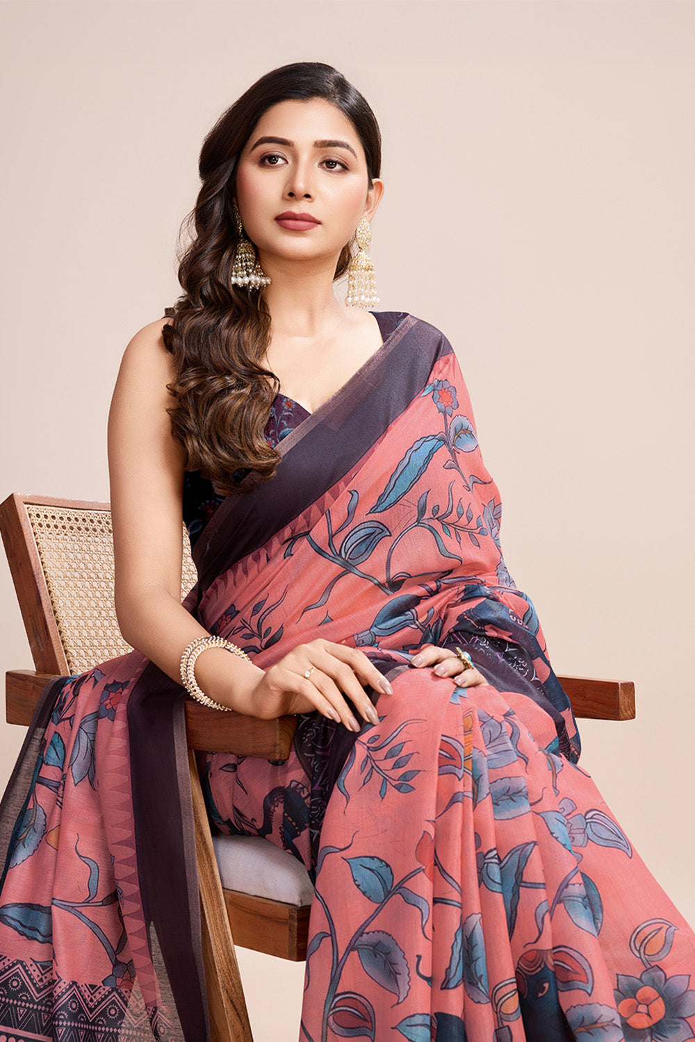Light Pink Printed Saree With Zari Border