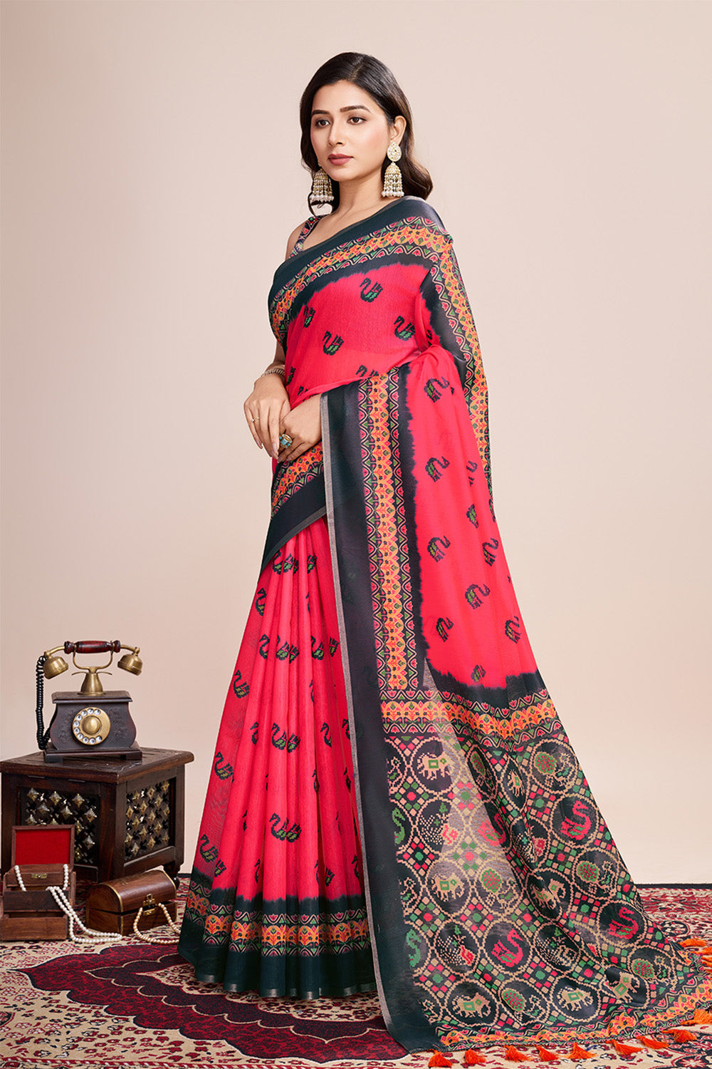 Pink Printed Saree With Zari Border