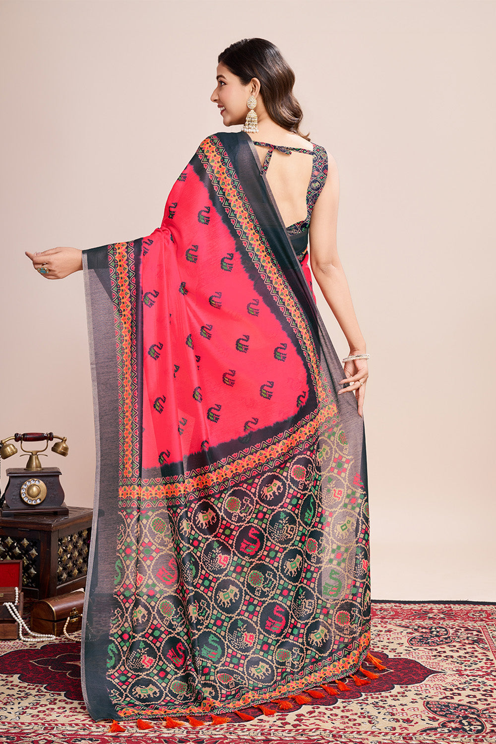 Pink Printed Saree With Zari Border