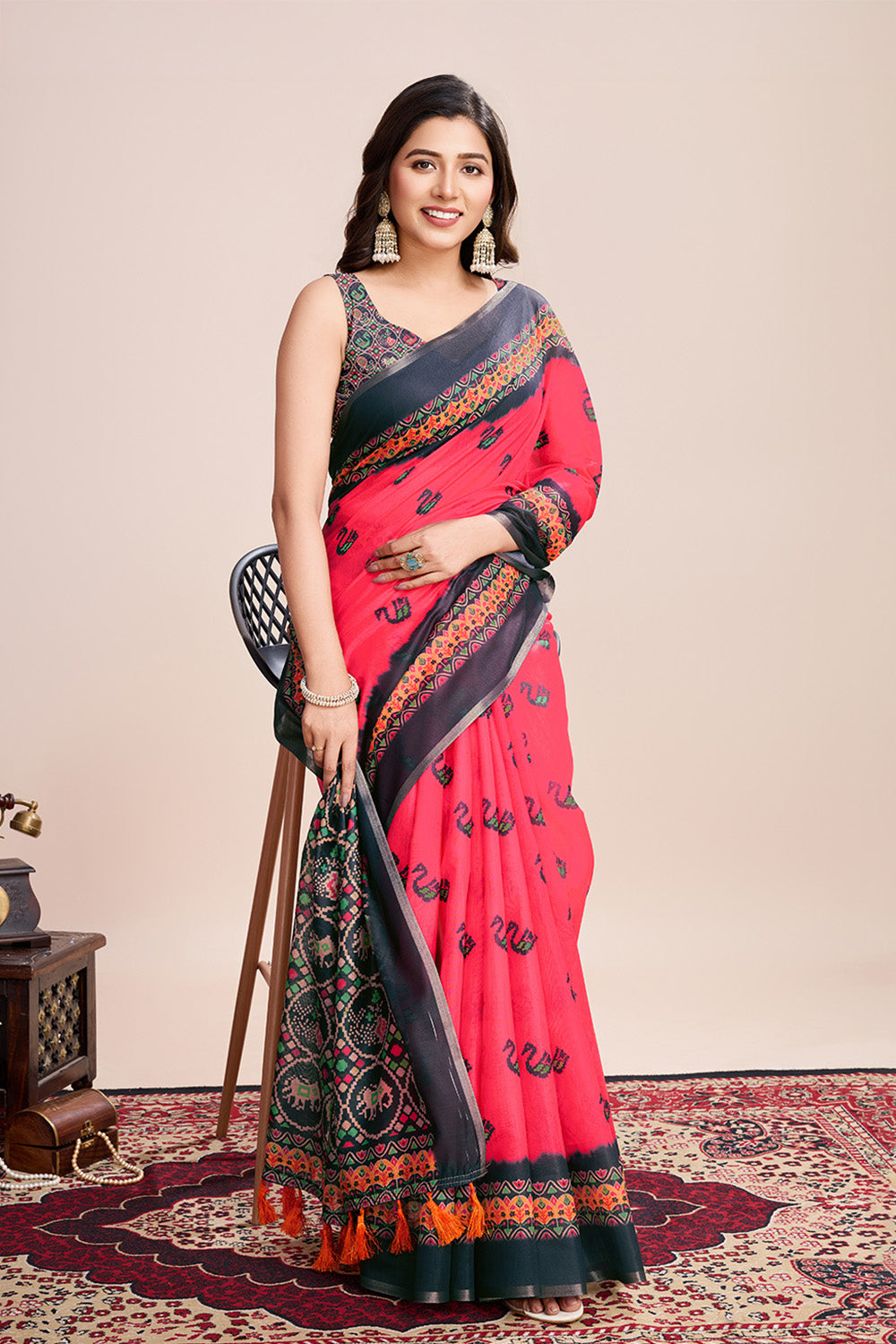 Pink Printed Saree With Zari Border