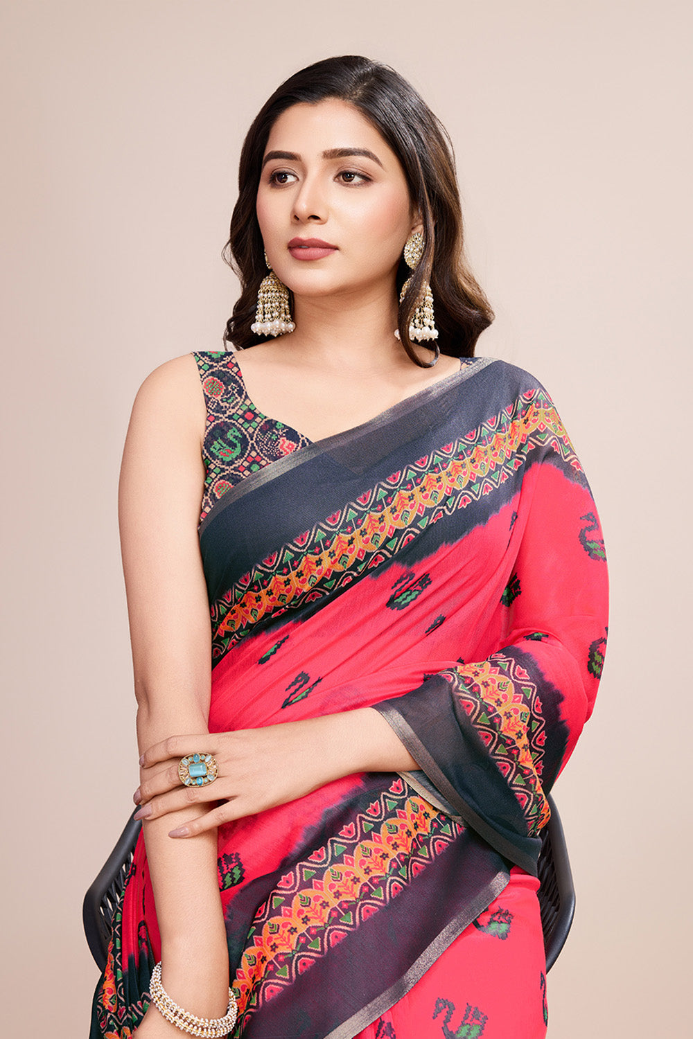 Pink Printed Saree With Zari Border