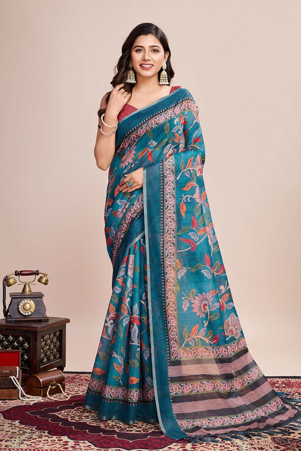 Light Blue Printed Saree With Zari Border