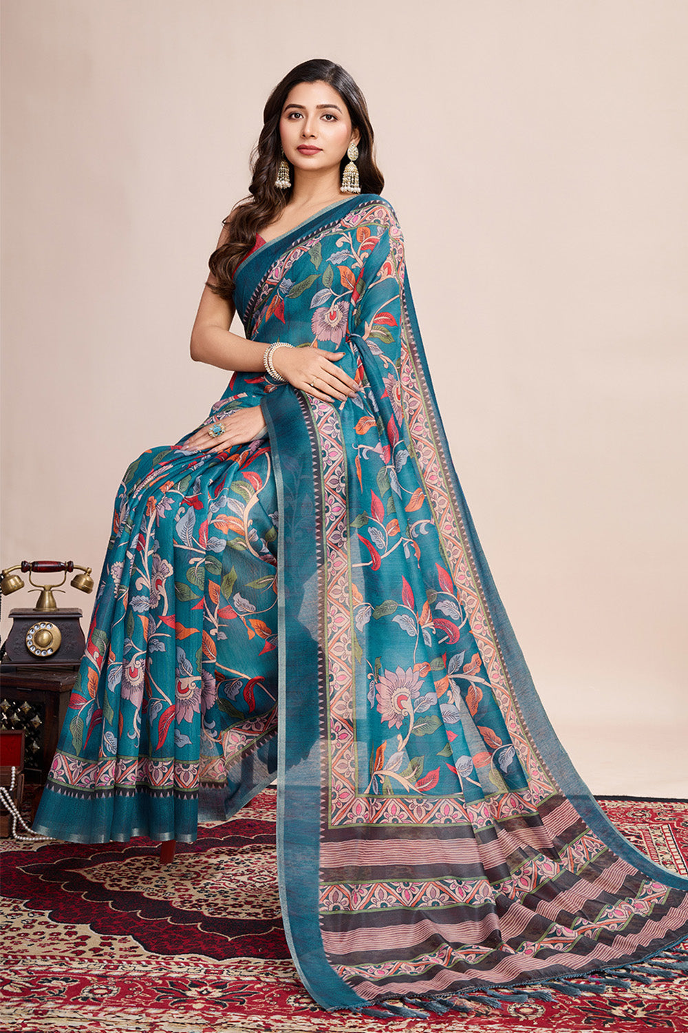Light Blue Printed Saree With Zari Border