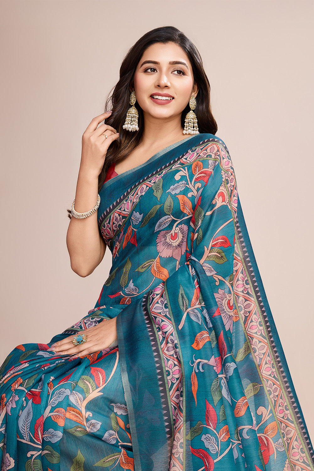 Light Blue Printed Saree With Zari Border