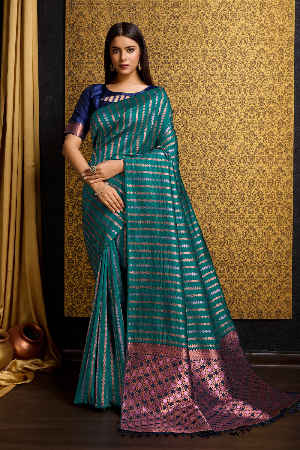 Sea Green Banarasi Saree with Stripes pattern