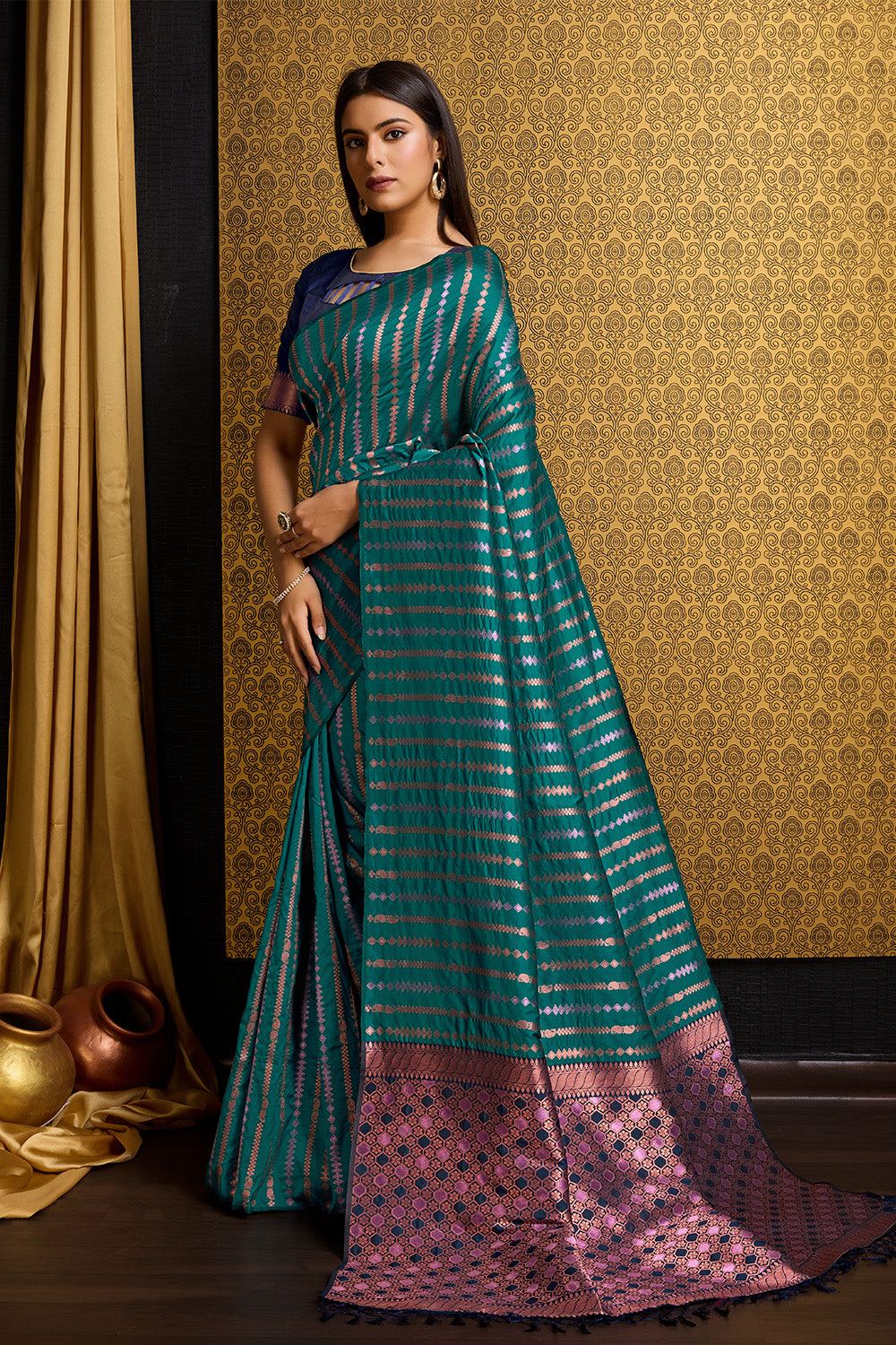 Sea Green Banarasi Saree with Stripes pattern