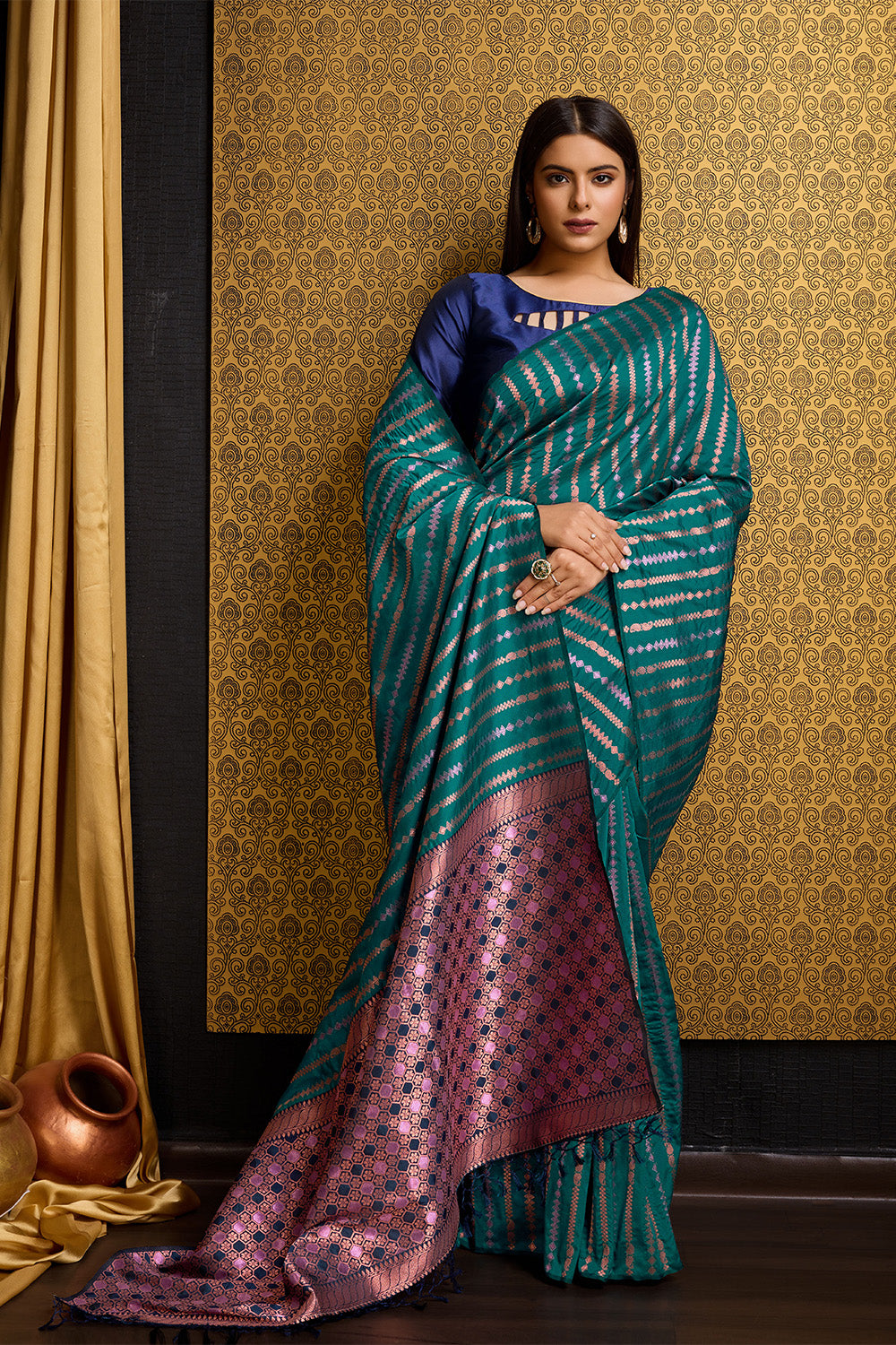 Sea Green Banarasi Saree with Stripes pattern
