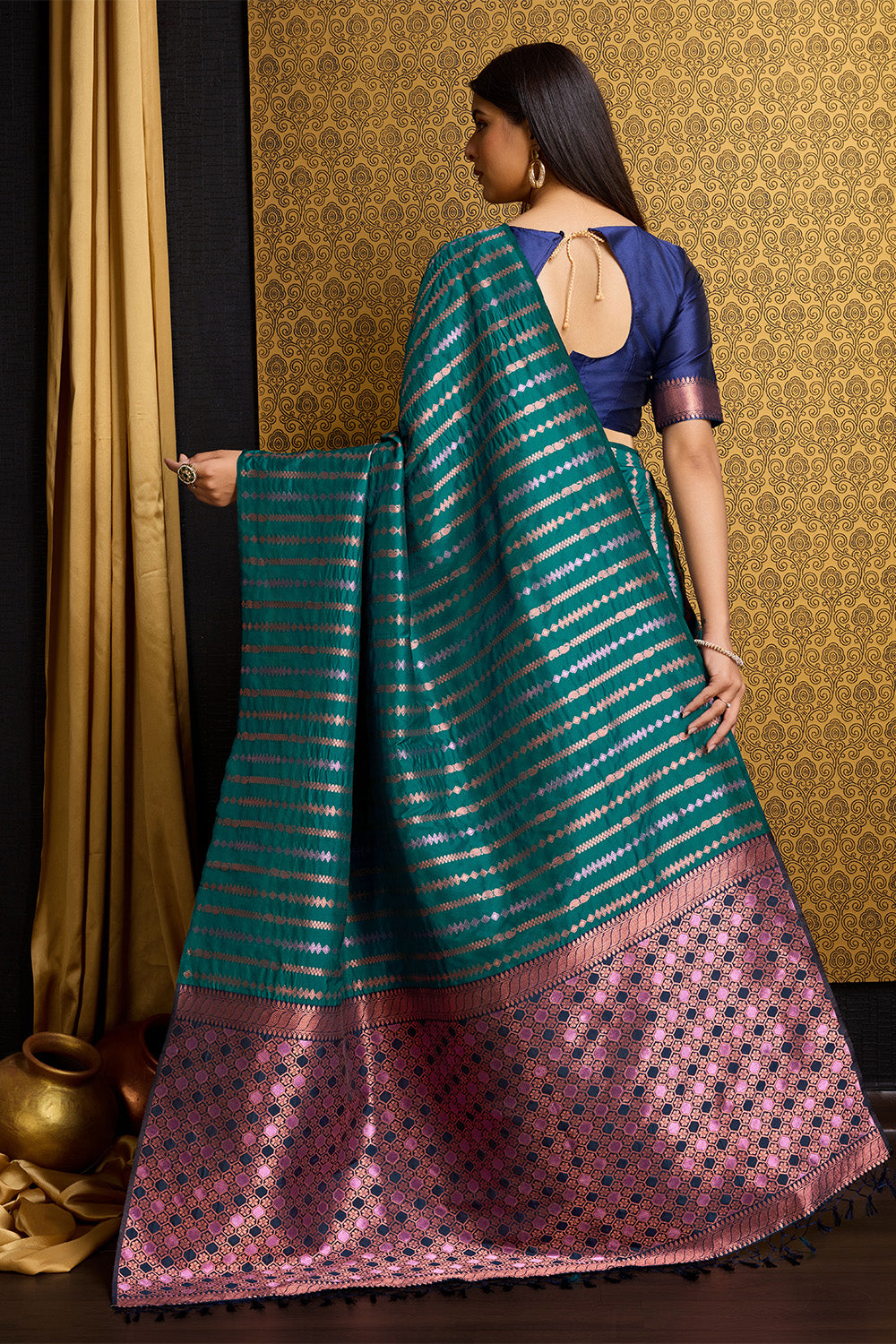 Sea Green Banarasi Saree with Stripes pattern