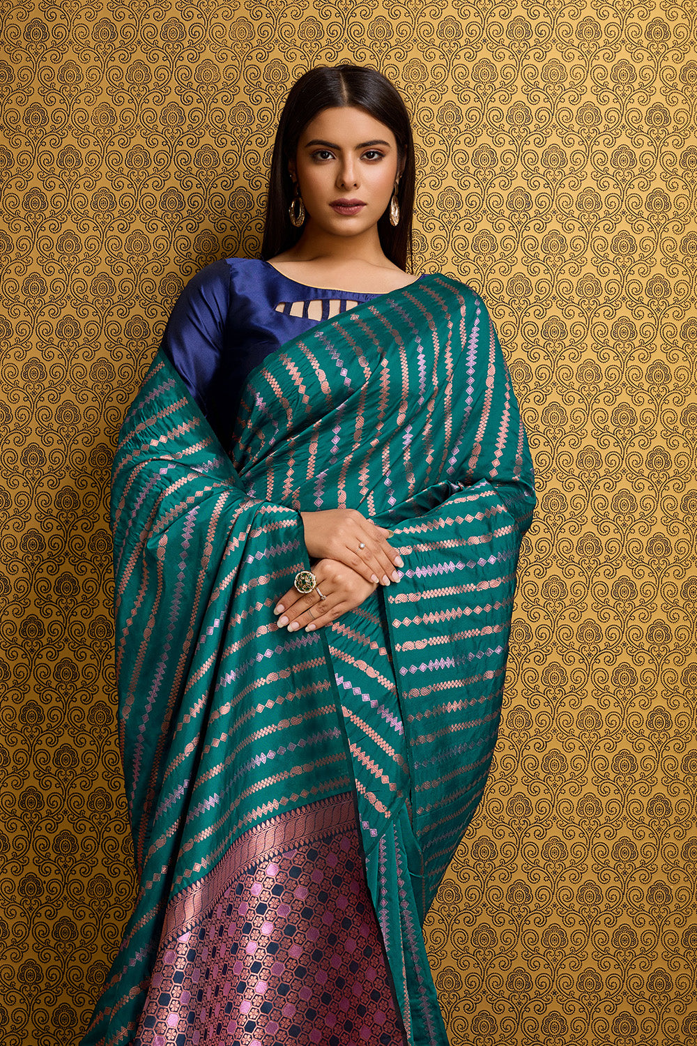 Sea Green Banarasi Saree with Stripes pattern
