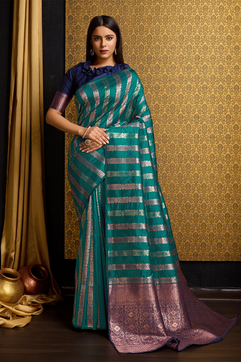 Sea Green Banarasi Saree with Stripes Design