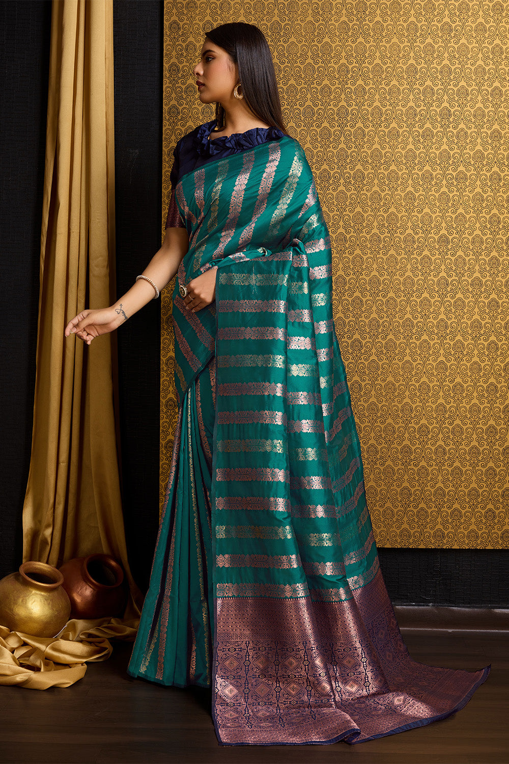 Sea Green Banarasi Saree with Stripes Design