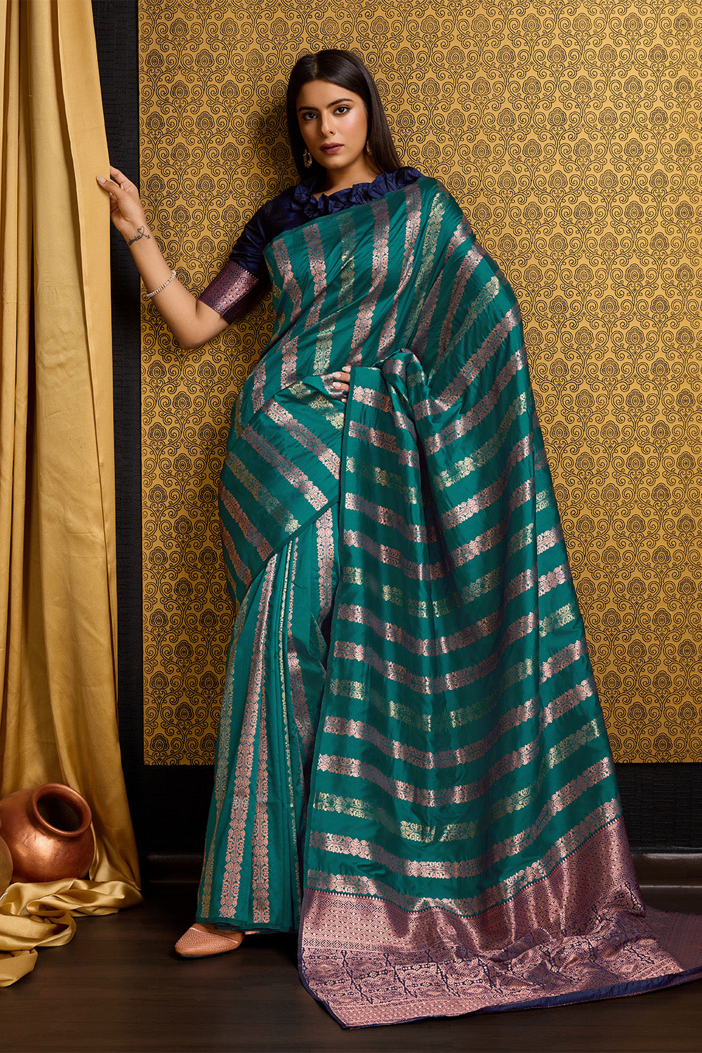 Sea Green Banarasi Saree with Stripes Design