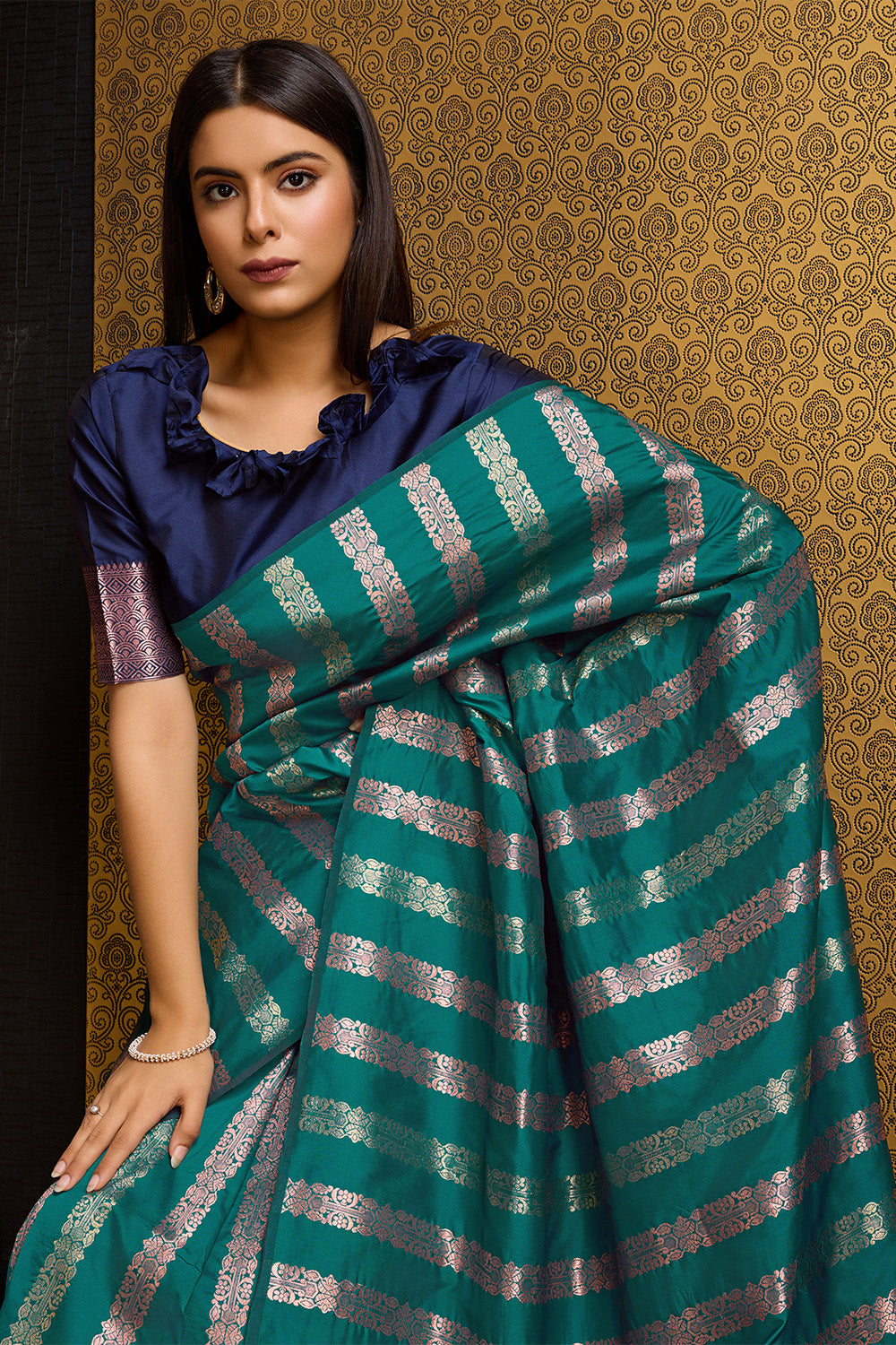 Sea Green Banarasi Saree with Stripes Design