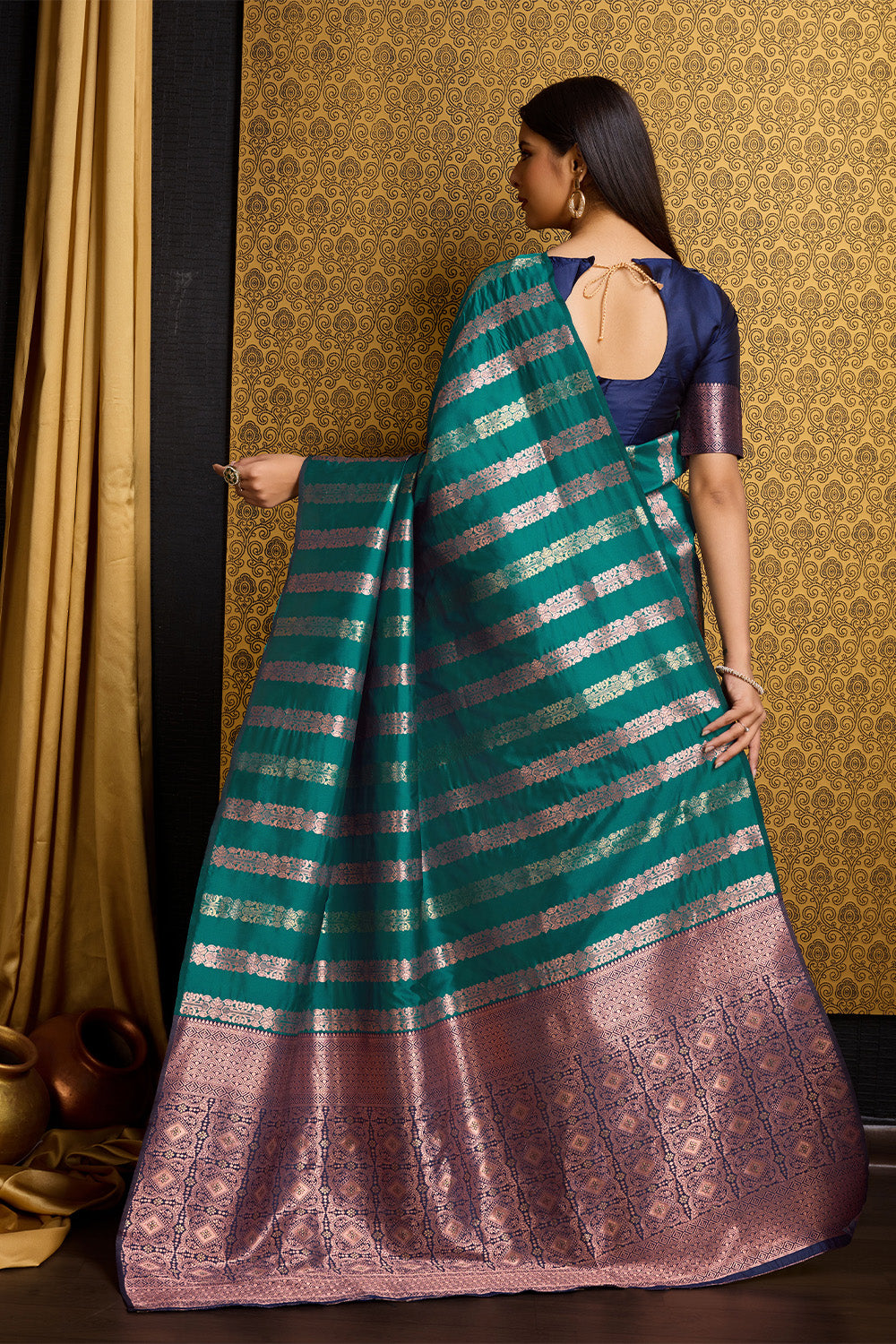 Sea Green Banarasi Saree with Stripes Design