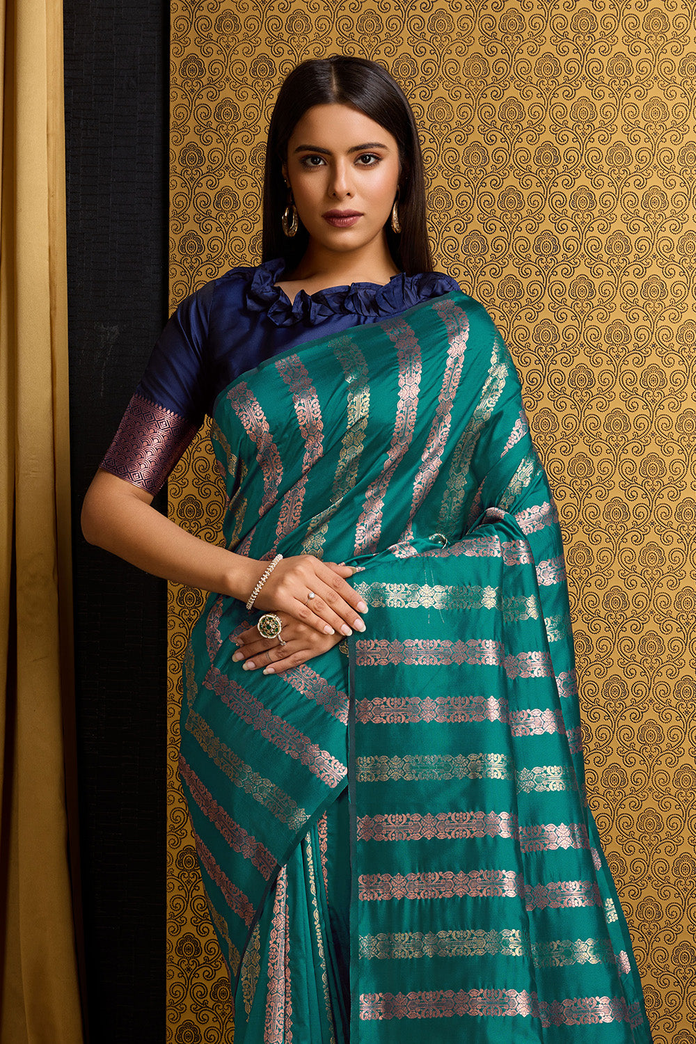 Sea Green Banarasi Saree with Stripes Design