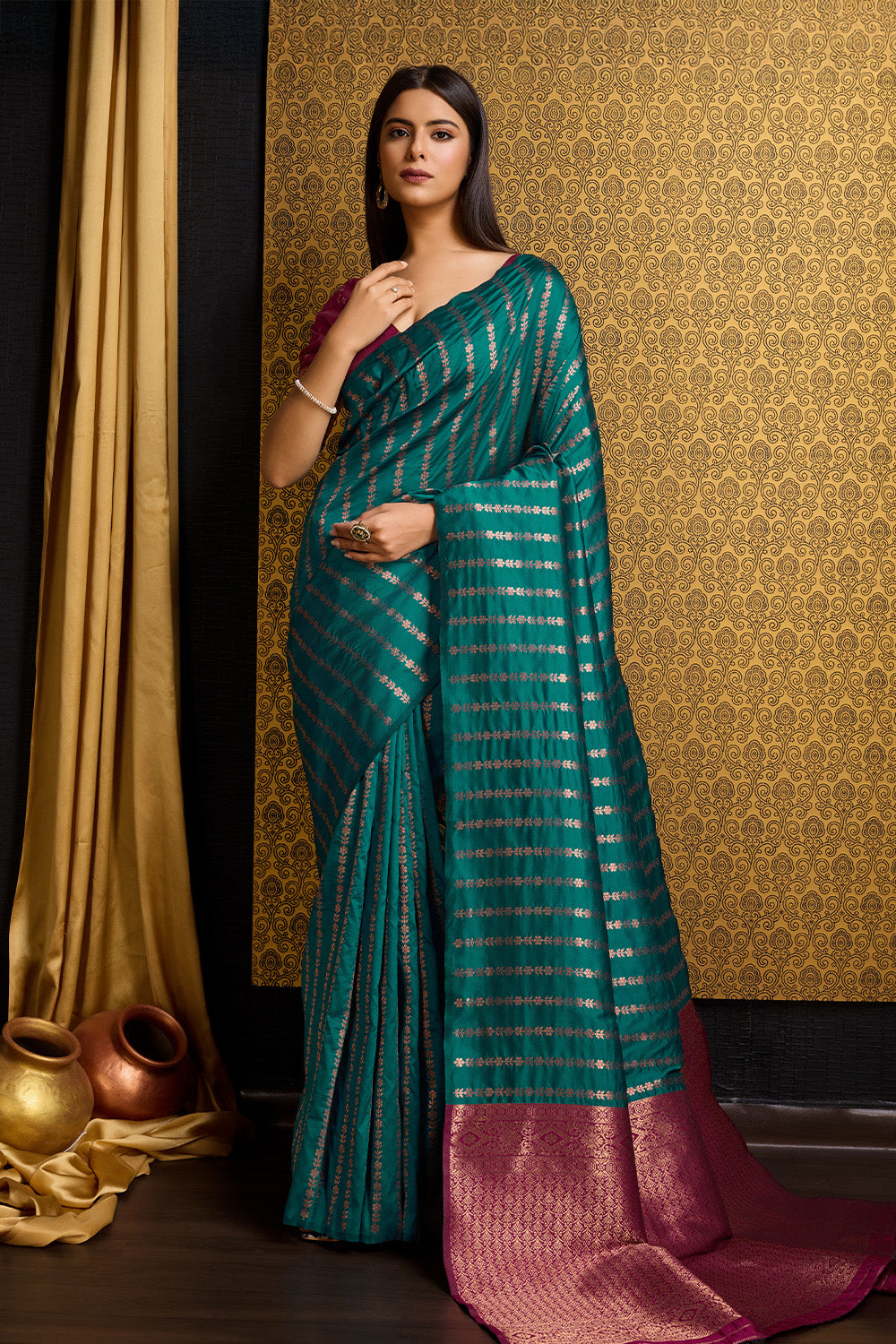 Sea Green Banarasi Saree with Stripes Design and contrast pallu