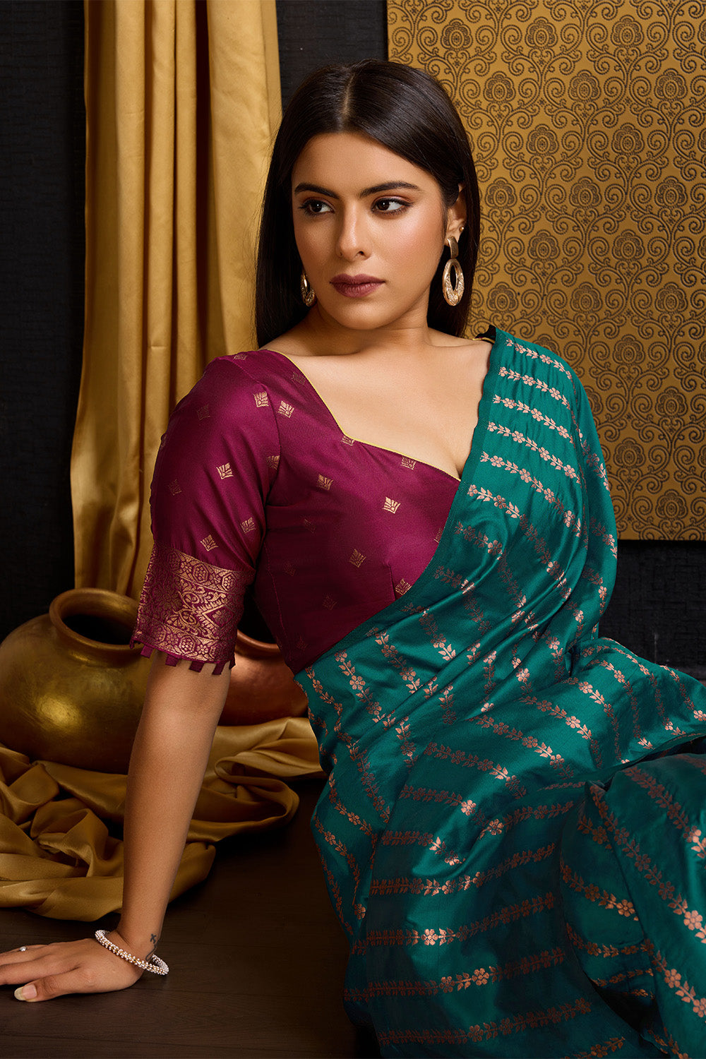 Sea Green Banarasi Saree with Stripes Design and contrast pallu