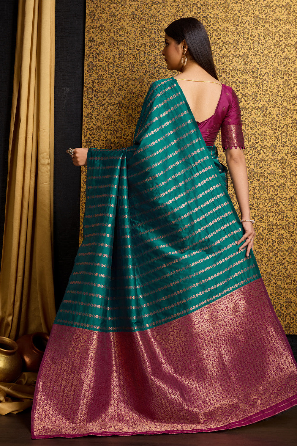 Sea Green Banarasi Saree with Stripes Design and contrast pallu
