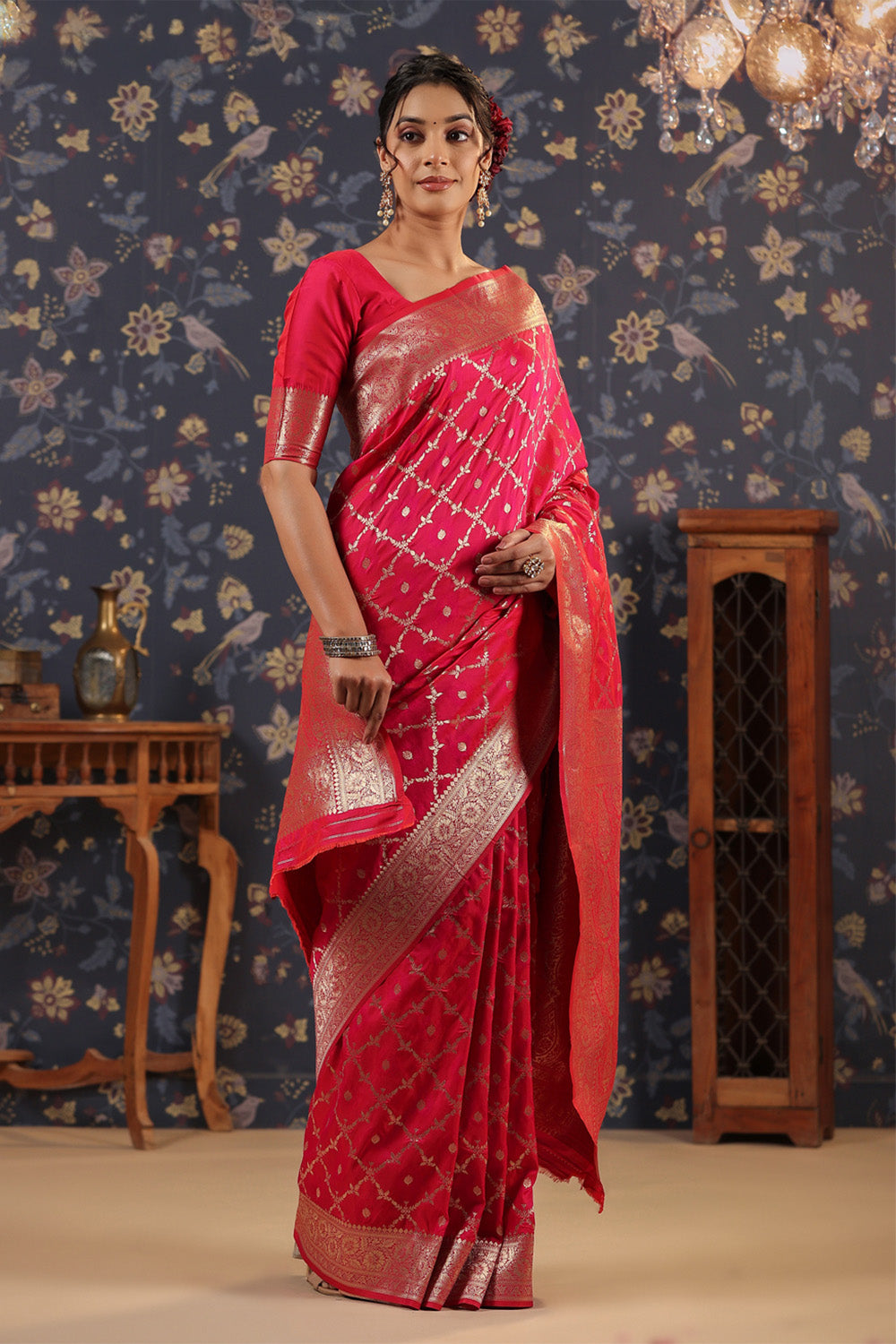 Red Banarasi saree with Geometric design