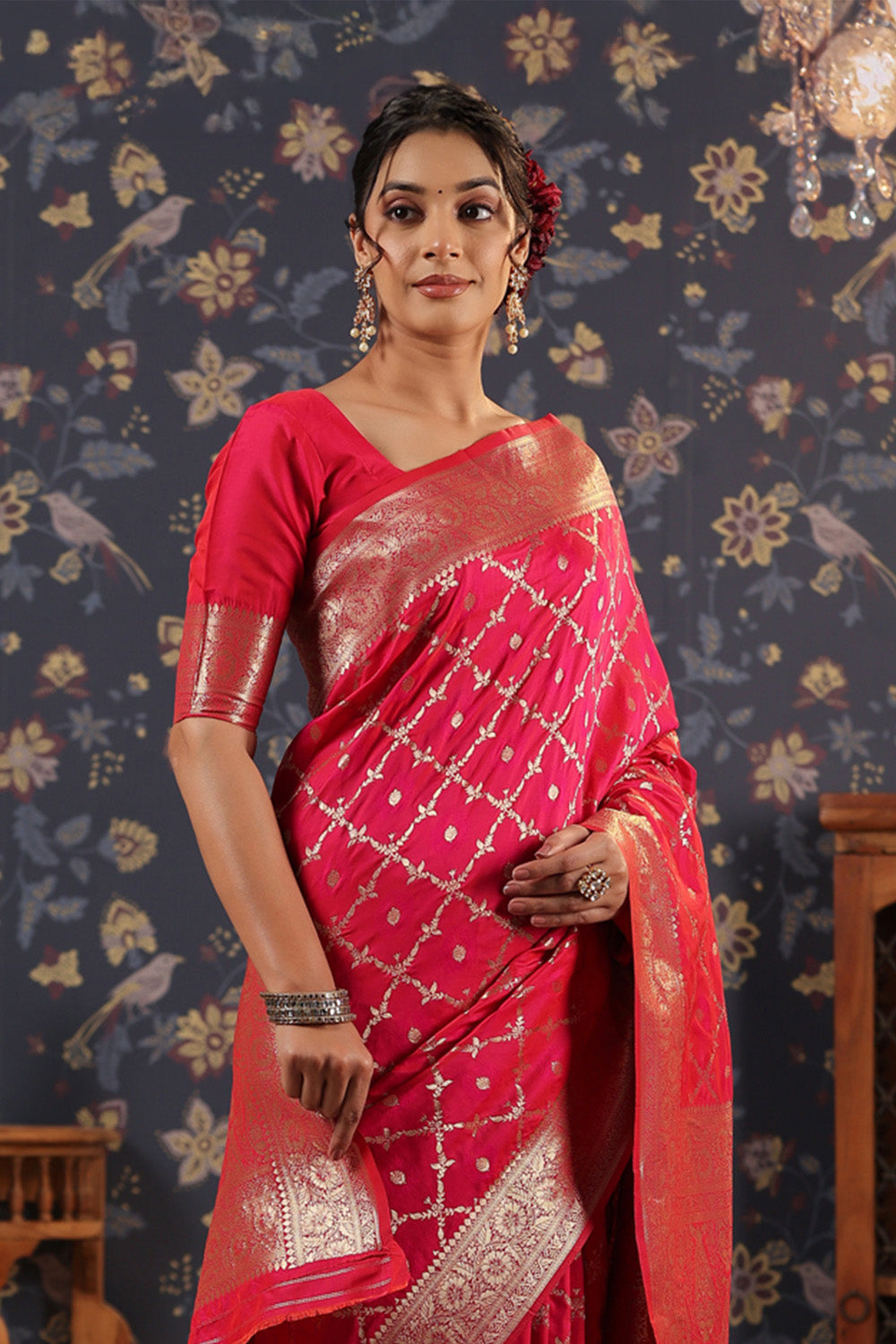Red Banarasi saree with Geometric design