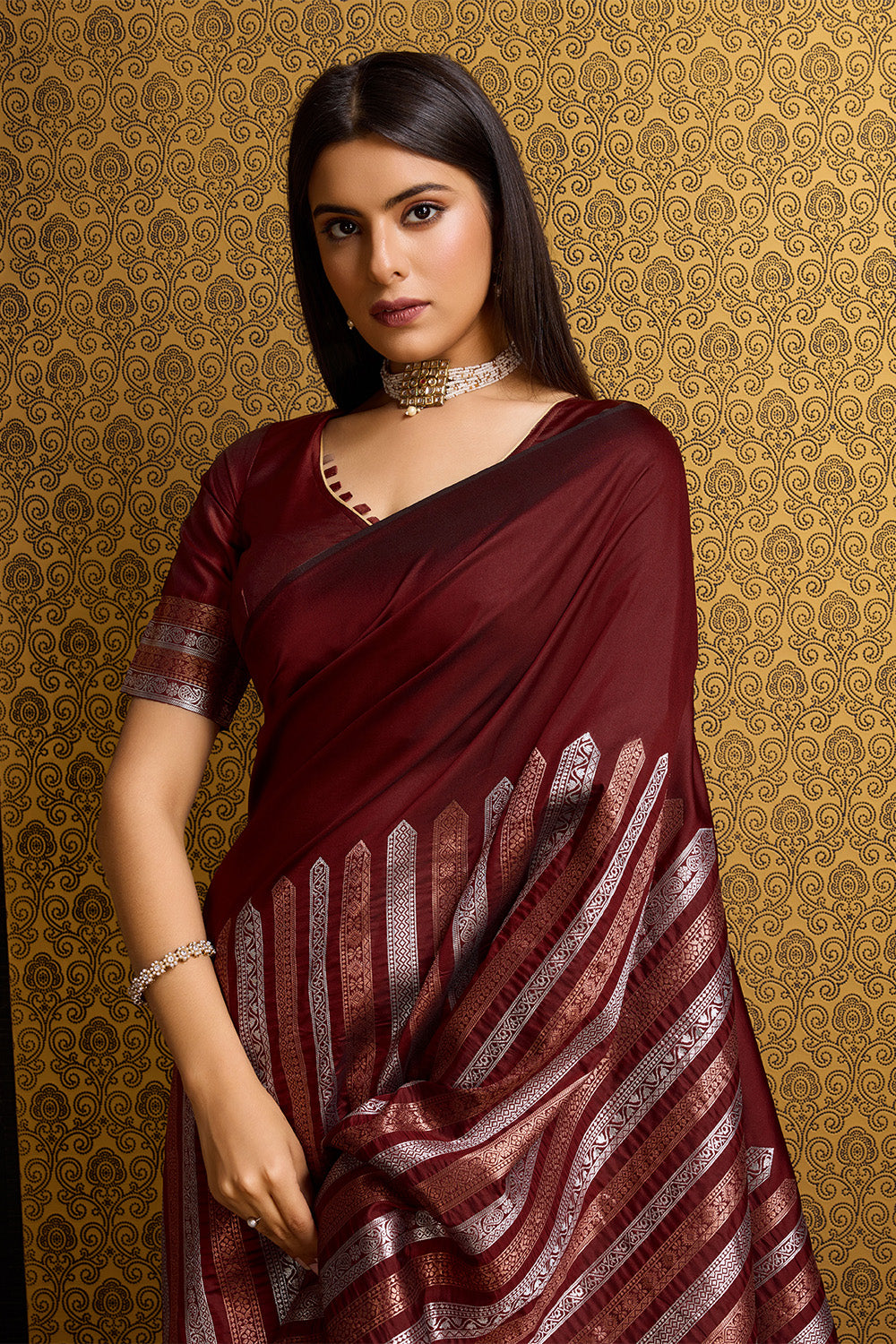 Maroon Banarasi Saree with stripe pattern