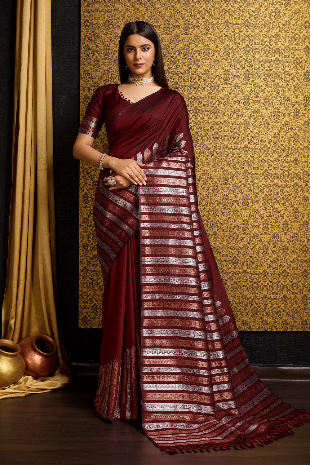 Maroon Banarasi Saree with stripe pattern