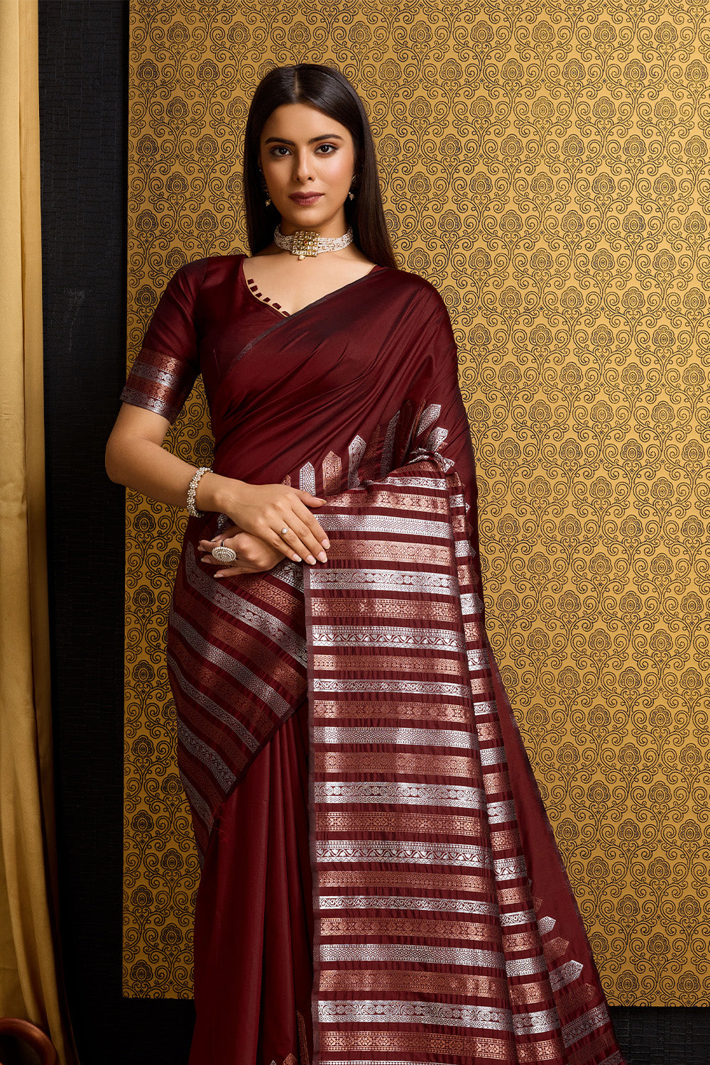 Maroon Banarasi Saree with stripe pattern