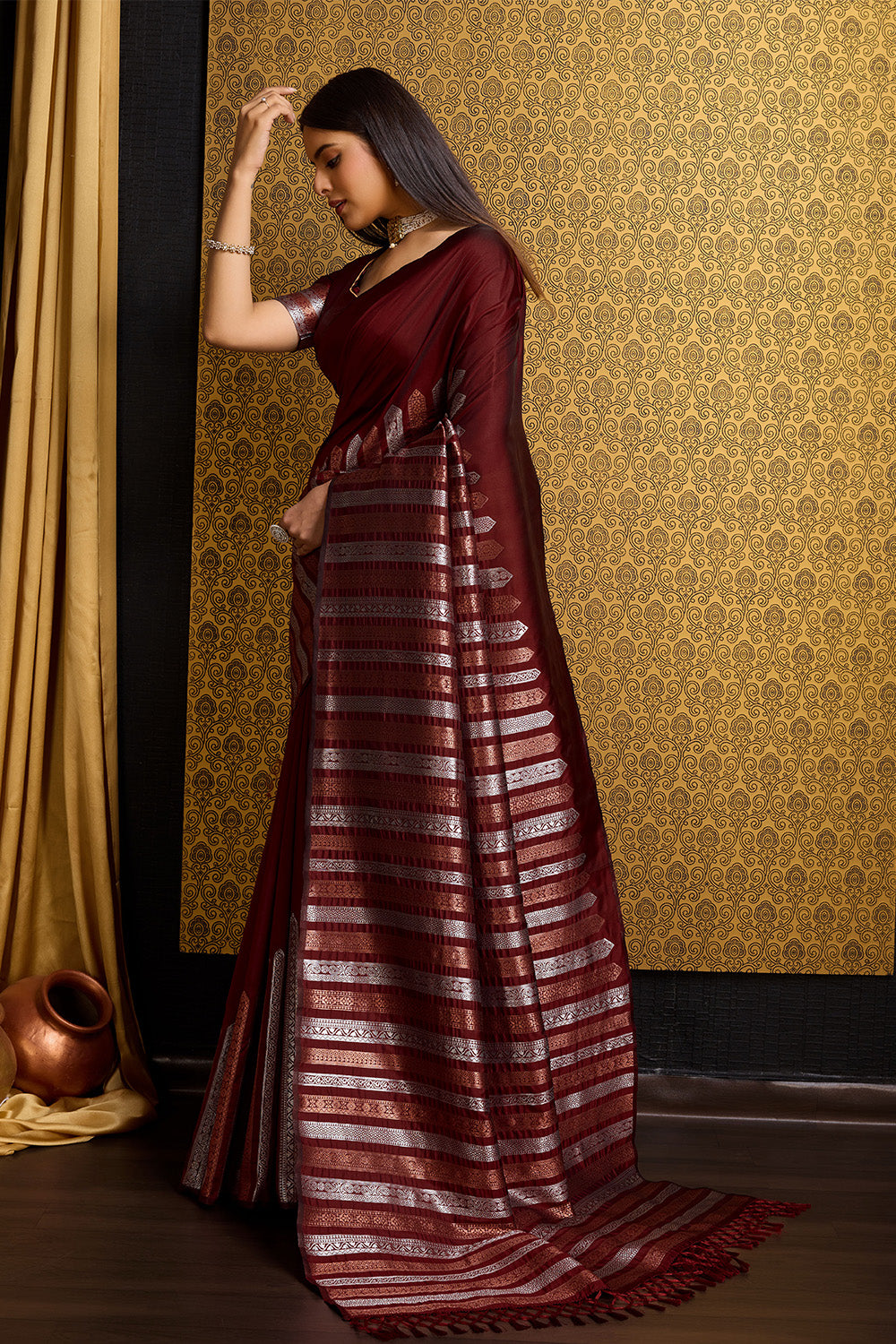 Maroon Banarasi Saree with stripe pattern