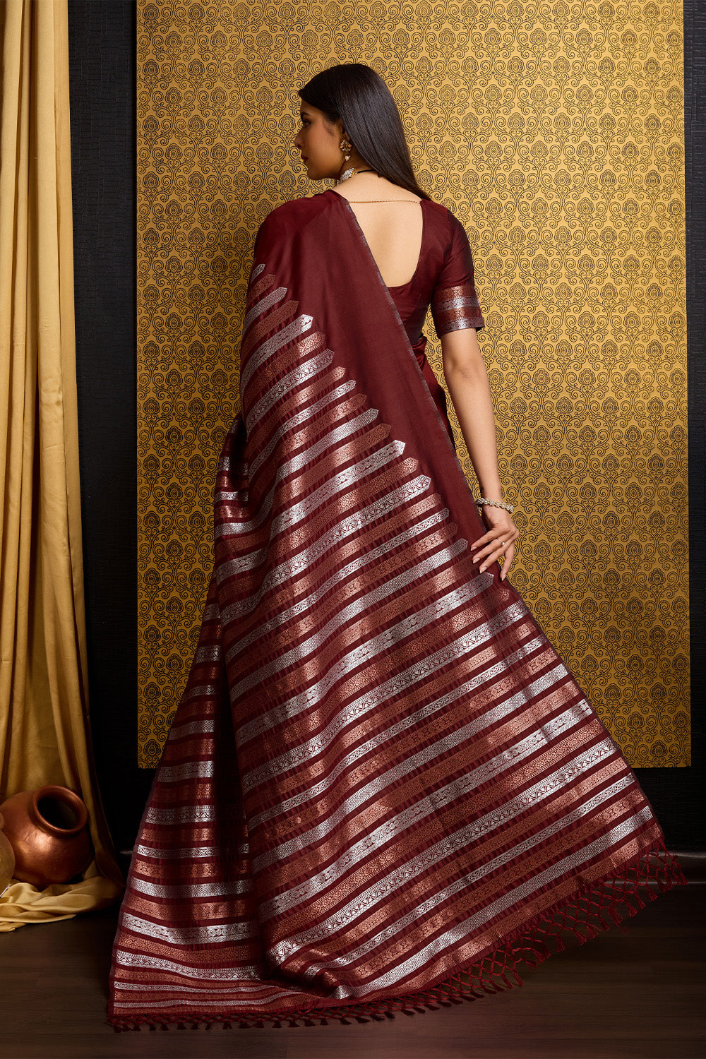 Maroon Banarasi Saree with stripe pattern