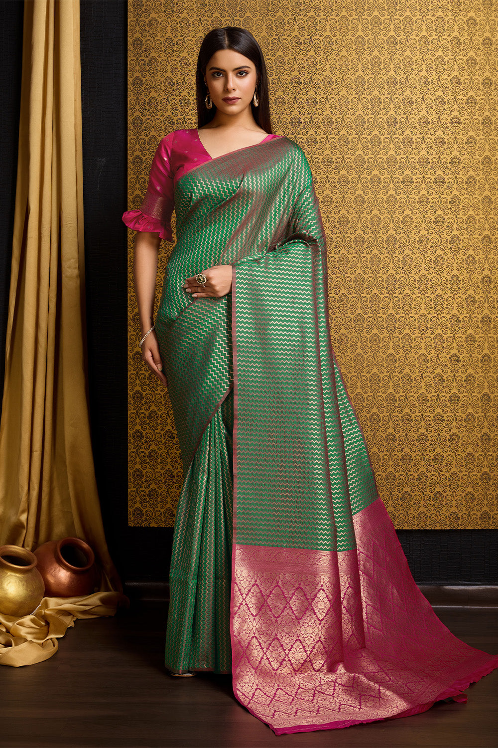 Green Banarasi Saree with stripe pattern with contrast pallu