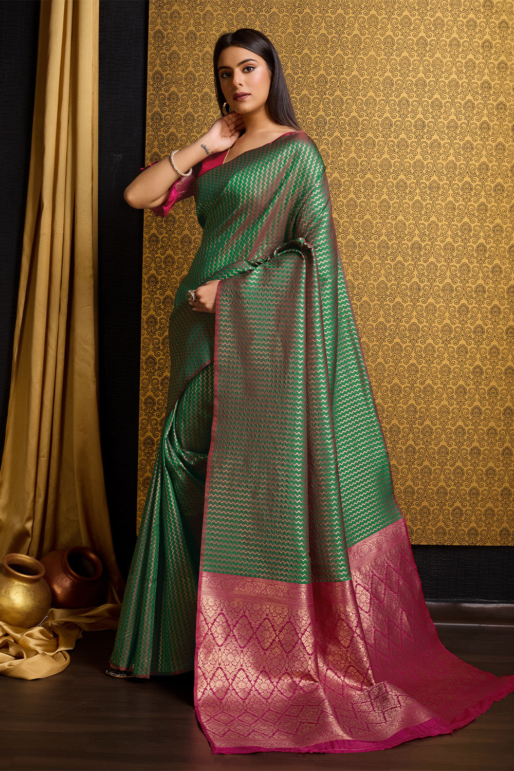 Green Banarasi Saree with stripe pattern with contrast pallu