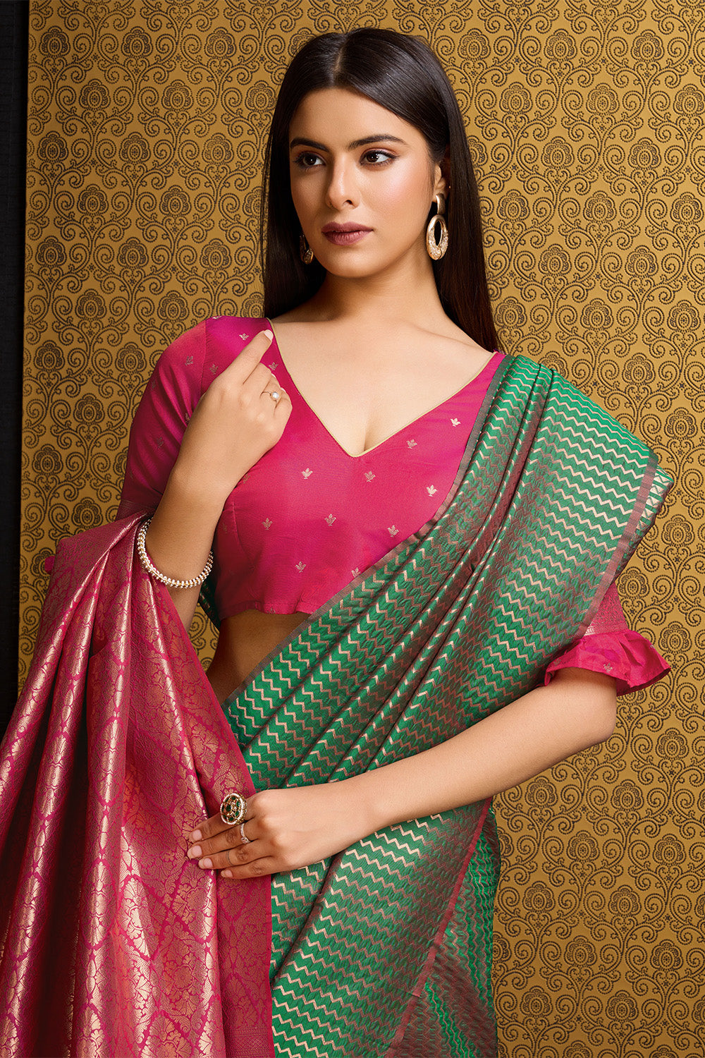Green Banarasi Saree with stripe pattern with contrast pallu