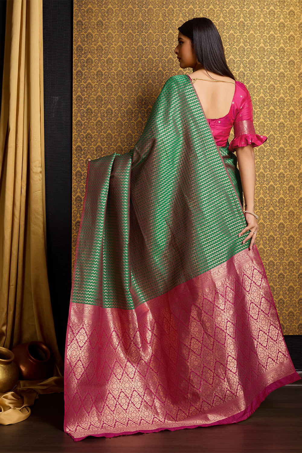 Green Banarasi Saree with stripe pattern with contrast pallu