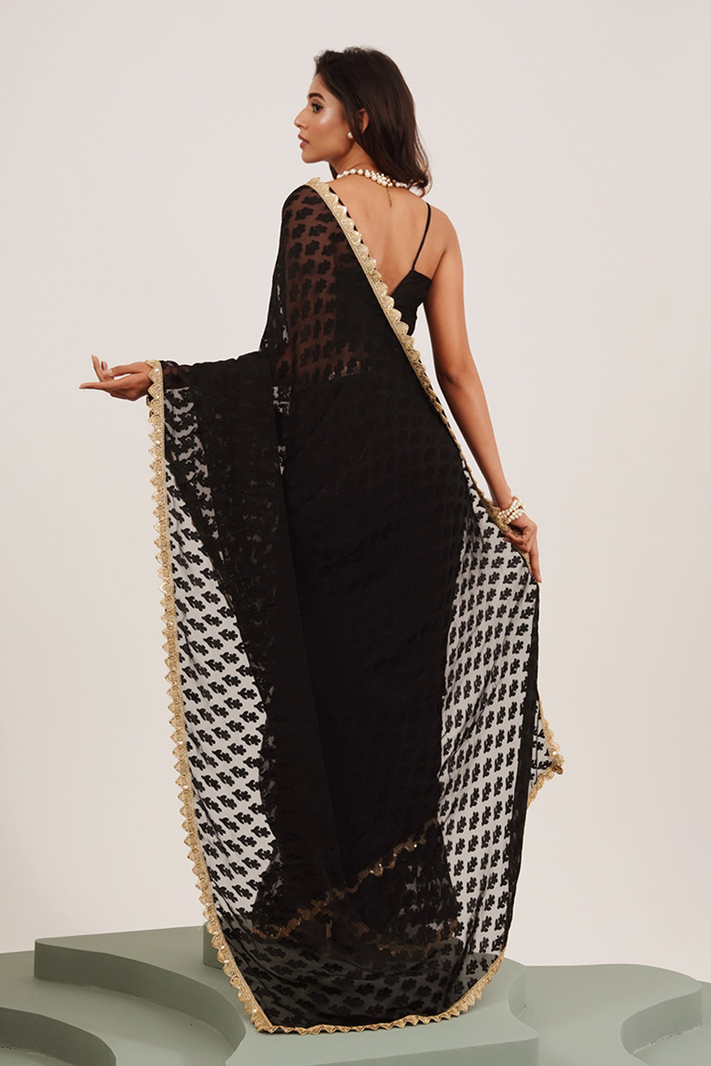 Black Sequinned Brasso Saree With Blouse