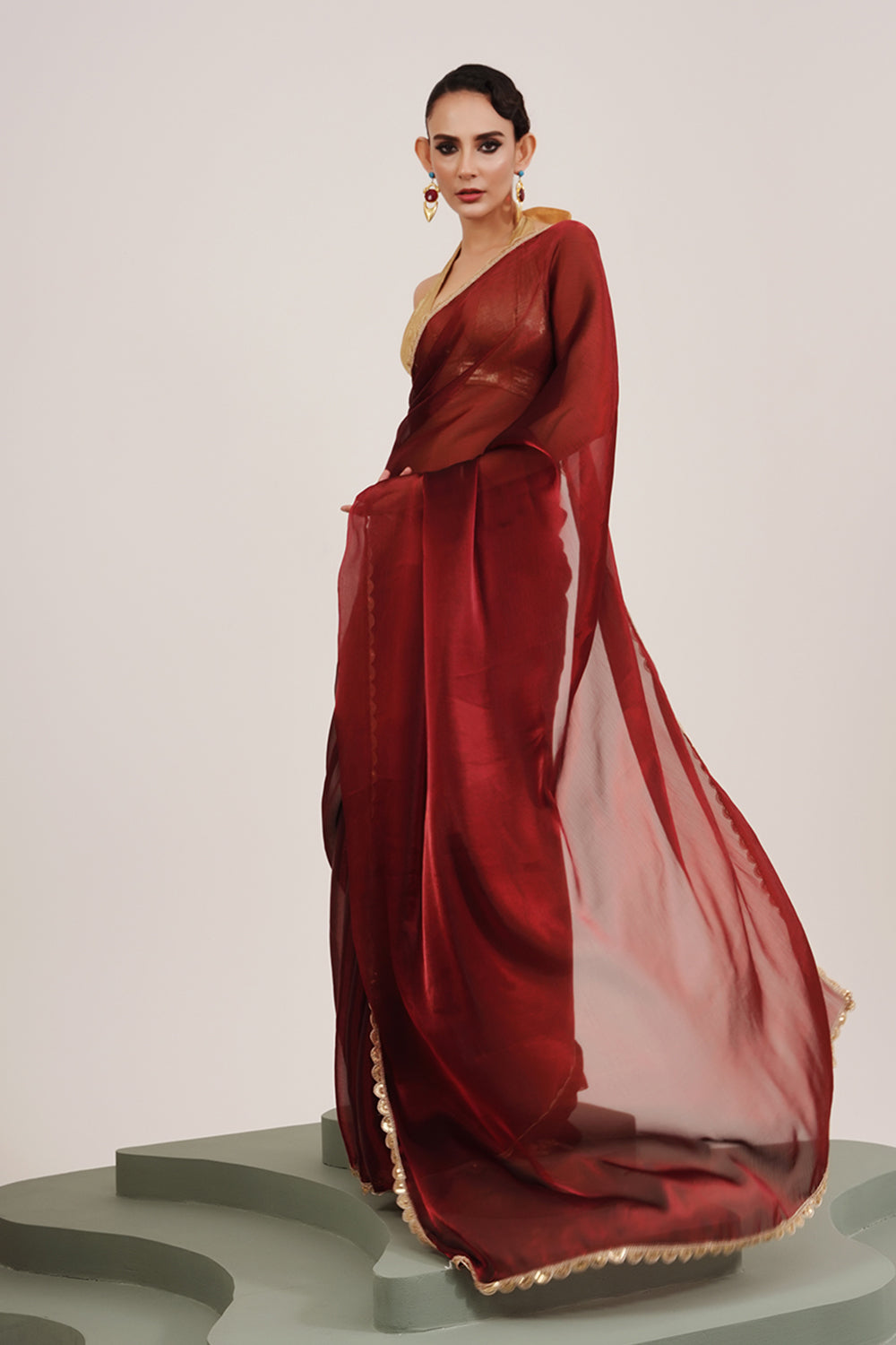 Maroon Sequinned Organza Saree With Blouse