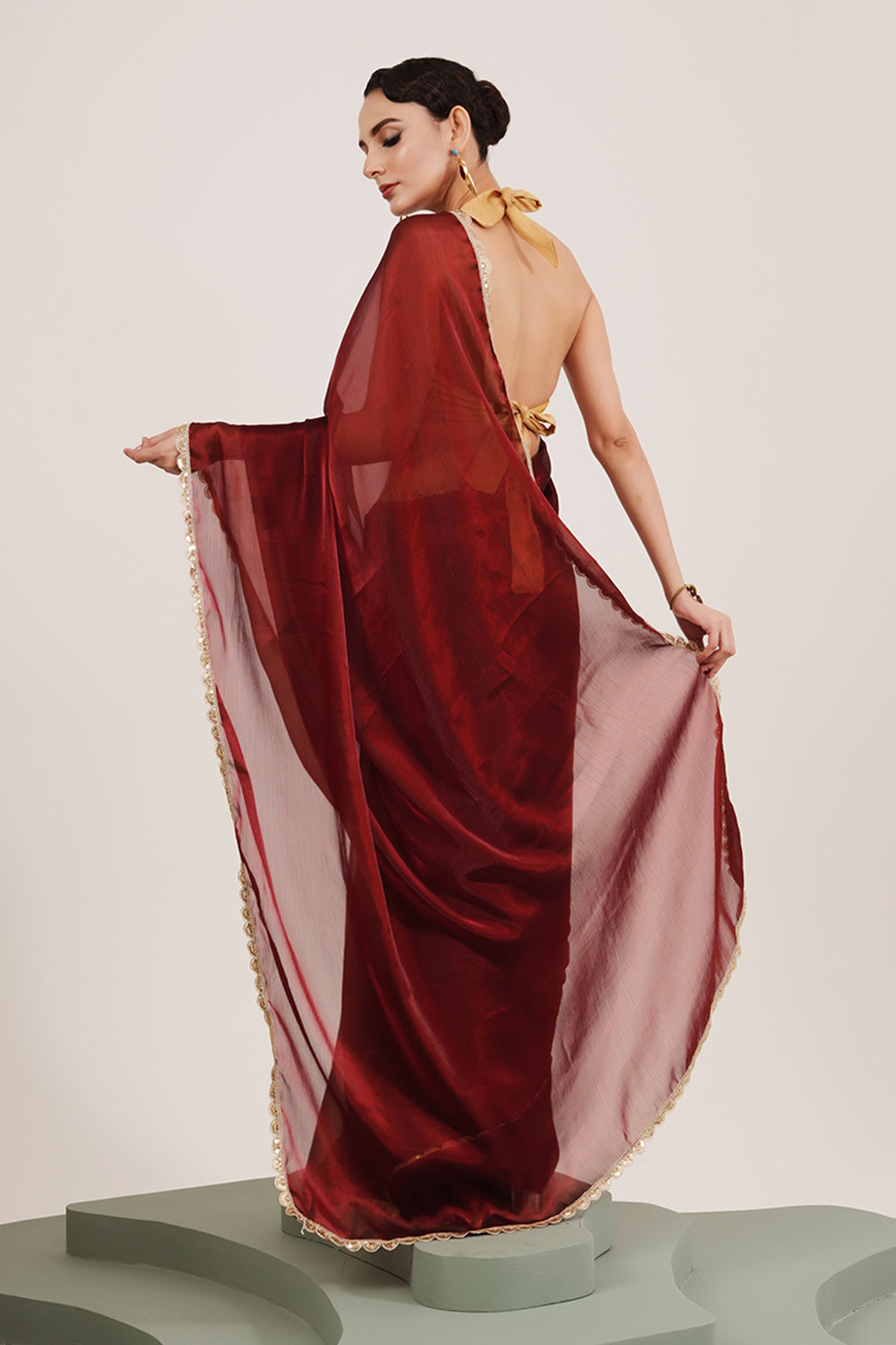 Maroon Sequinned Organza Saree With Blouse