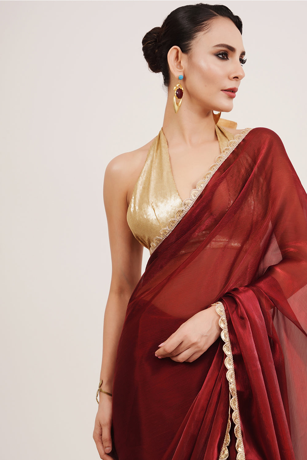 Maroon Sequinned Organza Saree With Blouse