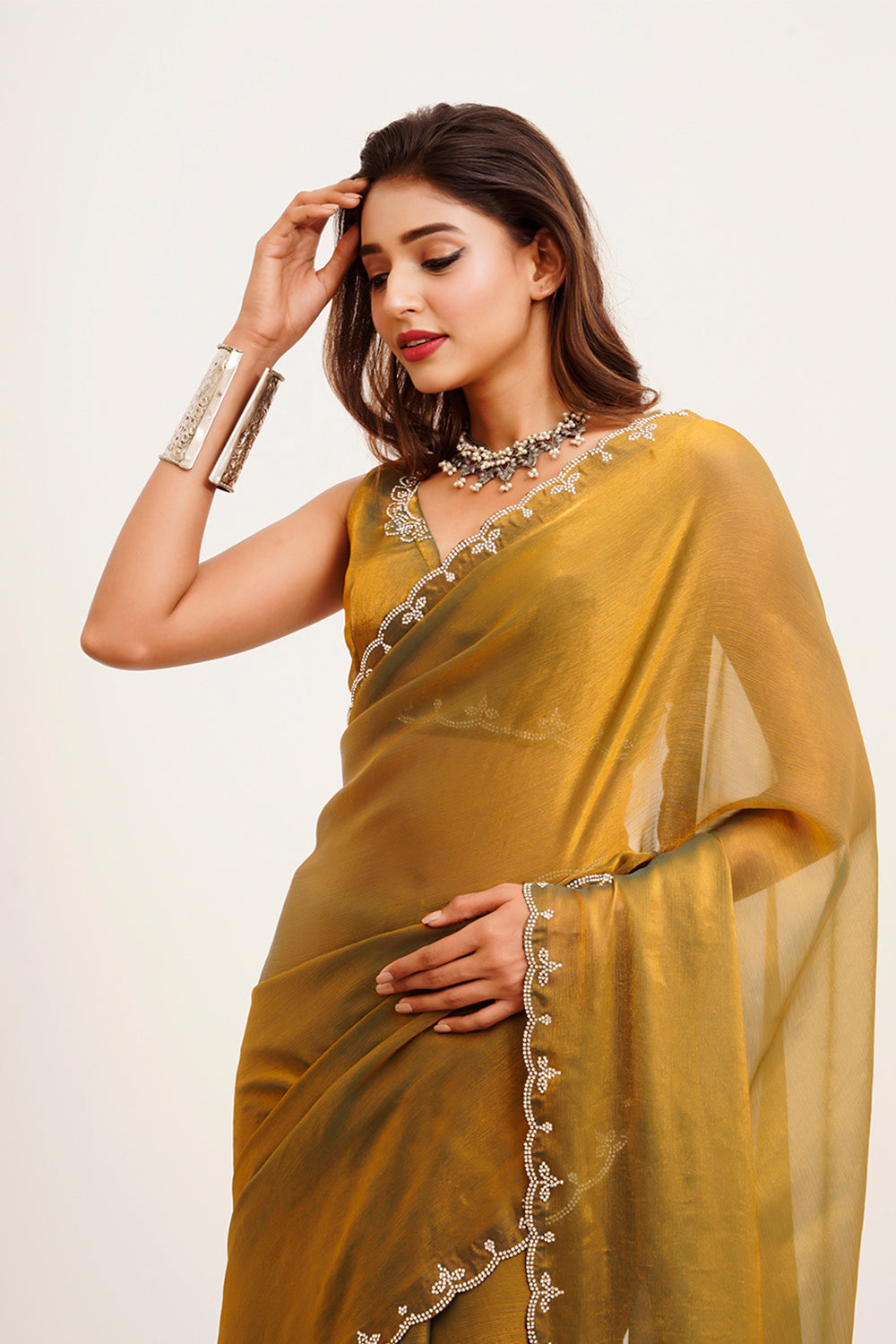 Brown Satin Saree Beads And Stones With Blouse
